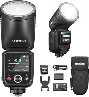 Godox V100 N Round Head Flash for Nikon - V1 Upgrade, 100W TTL, Touch Screen Control, Global Shutter Support, Compatible with All Nikon Cameras, 70 Full-Power Consecutive Flashes, 2.4G Wireless System