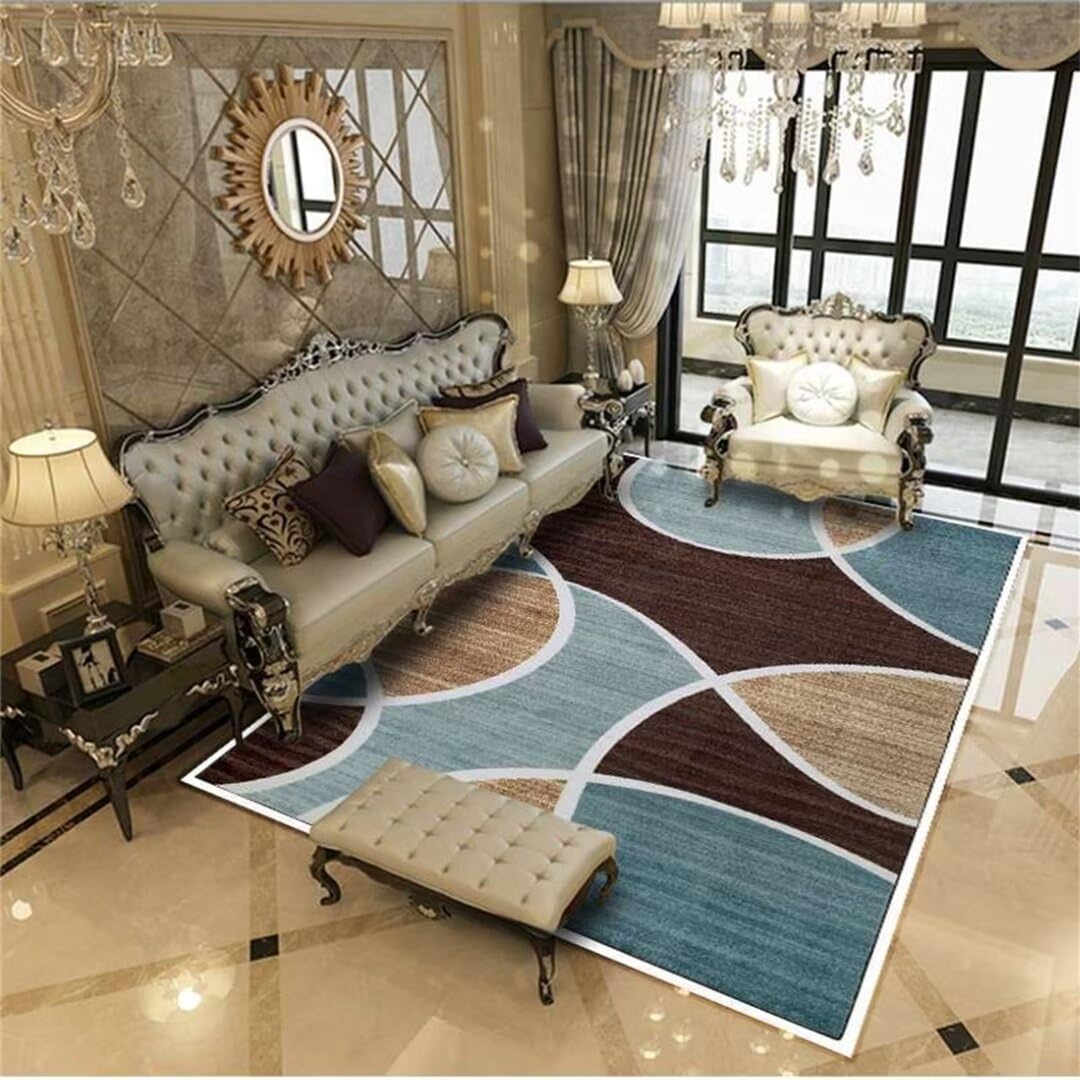 Tapis lavable à motif géométrique bleu avec envers antidérapant