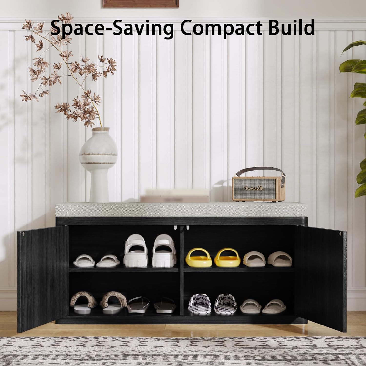 Entryway Shoe Storage Bench with 2" Cushion, 37.4" Small Bench with Shoe Rack, Cabinet Organizer for Hallway, Bedroom End of Bed (Black)