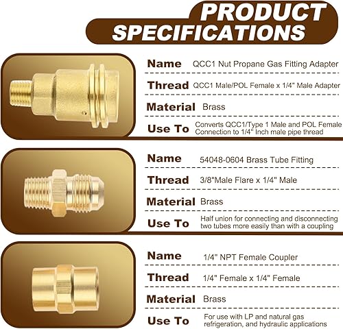 Miniatura 4 de QCC1&POL Kit adaptador de tanque de propano, adaptador de manguera de propano incluye acoplador NPT de 14 pulgadas x 14 pulgadas y conector macho de