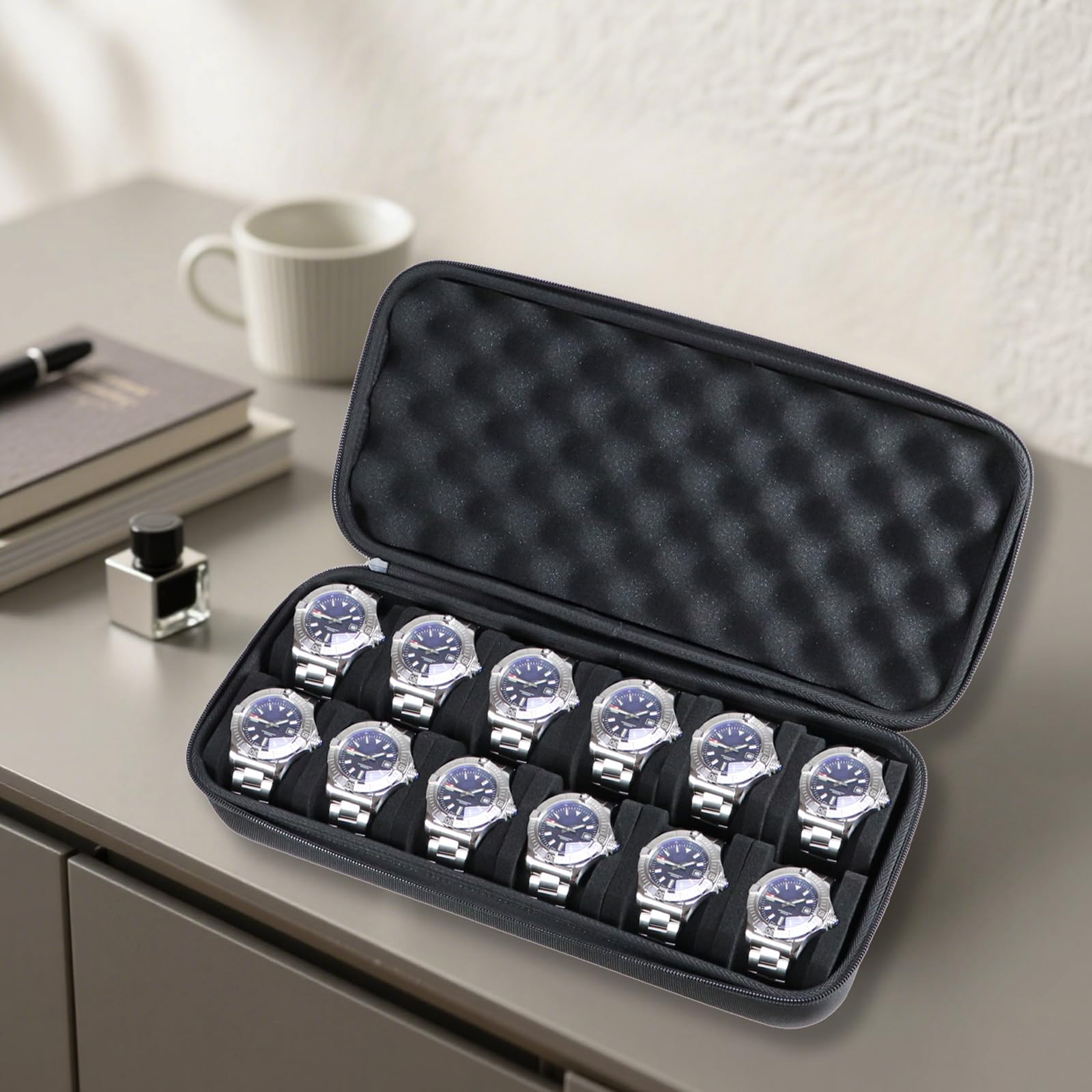 Juntan Custodia rigida da viaggio per orologi con 12 scomparti, in nylon, con cerniera, organizer per uomini e donne, con morbido cuscino in schiuma comprimibile nera