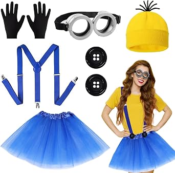 Beamely 6-Piece Yellow Cosplay Accessories Set for Women, Including Yellow Knitted Hat, Goggles, Gloves, Blue Tutu Skirt & Strap for Halloween & Party Fun, World Book Day