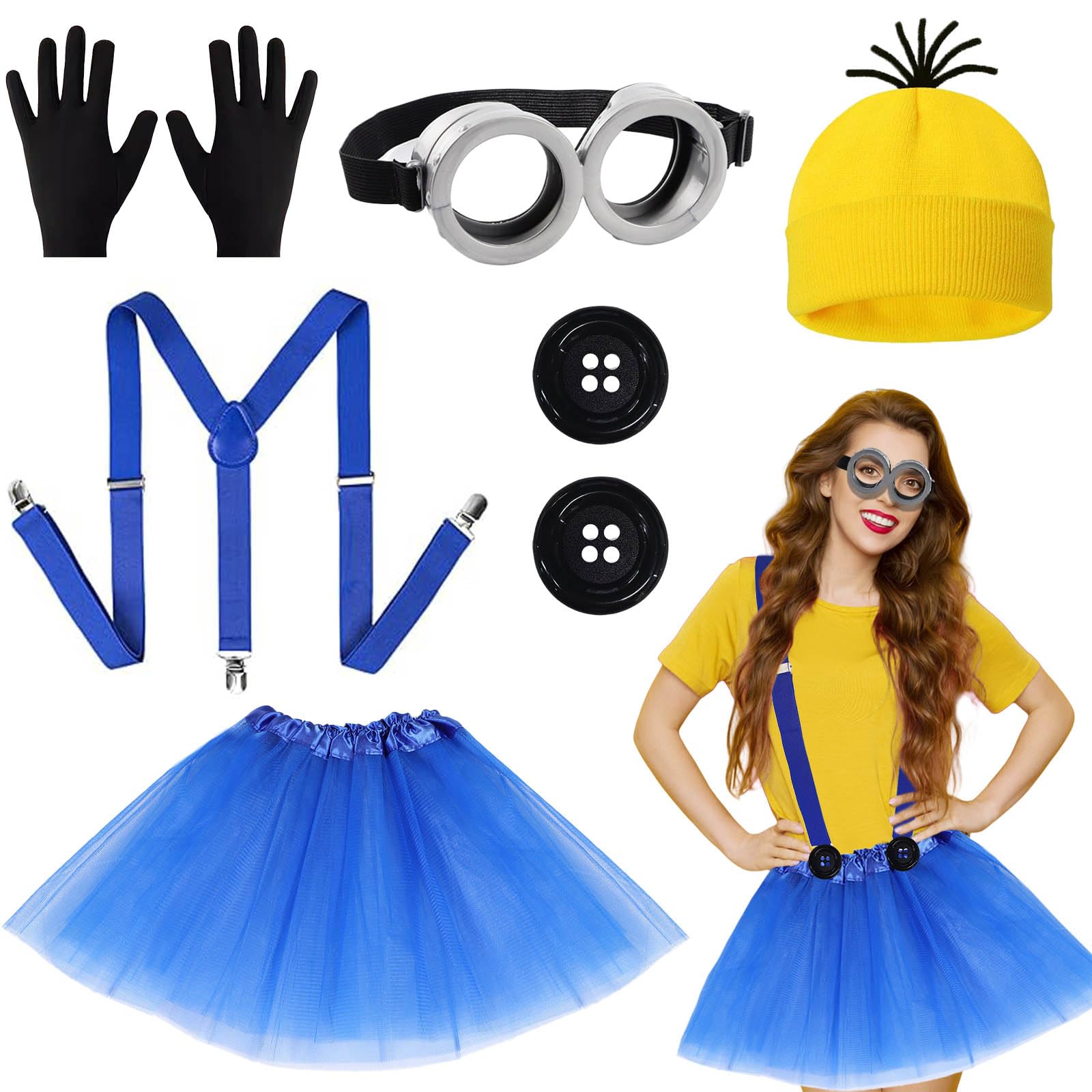 6-Piece Yellow Cosplay Costume Set for Women, Including Yellow Knitted Hat, Goggles, Gloves, Blue Tutu Skirt & Strap for Halloween & Party Fun, World Book Day