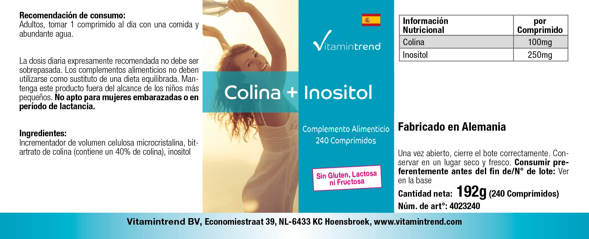 Vitamintrend Choline 100 mg + Inositol 250 mg, 240 comprimés, complément alimentaire végan sans stéarate de magnésium, fabriqué en Allemagne