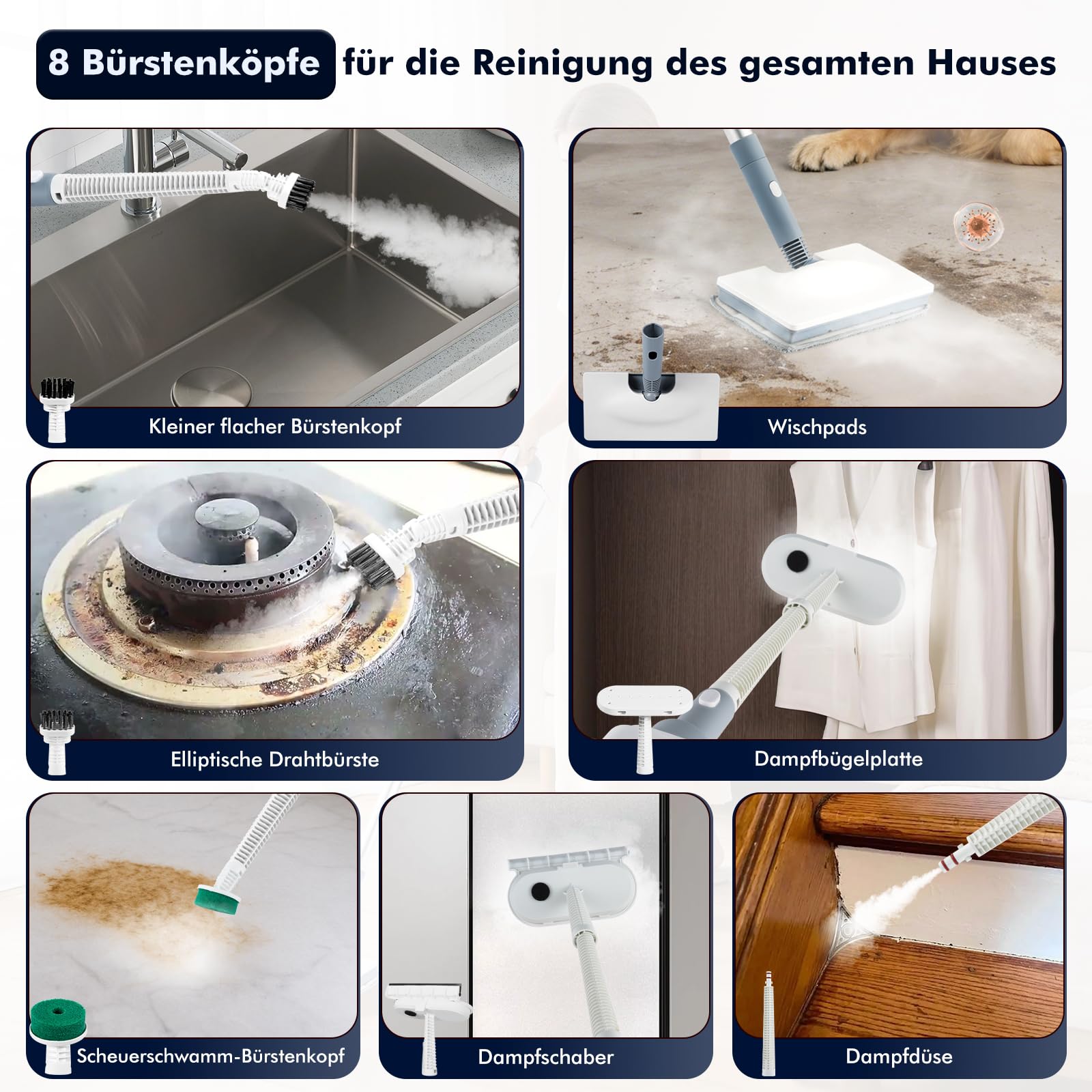 Mop parowy 10 w 1, 1500 W, ze zdejmowanym urządzeniem ręcznym, zbiornik na wodę 350 ml, czas nagrzewania 10 sekund, do parkietu, płytek, fug, kuchni i łazienki