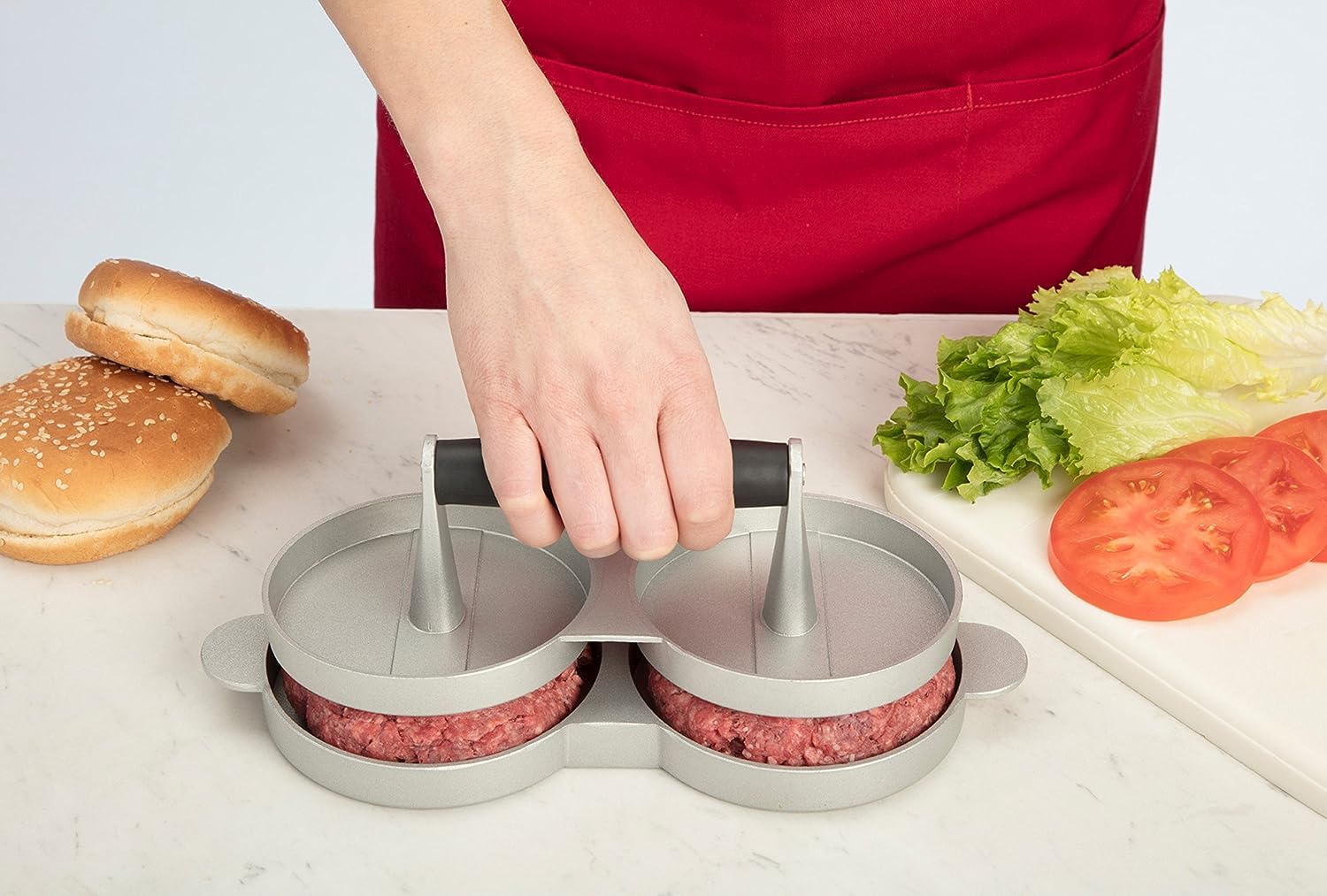 Toriox Double Burger Press, Hamburger Press, Burger Pattie, Patty Press, Made of Cast Aluminium, Burger Maker, 12 Cm Diameter, Wooden Handle, Grill Accessories, Stainless Steel, Gifts 3