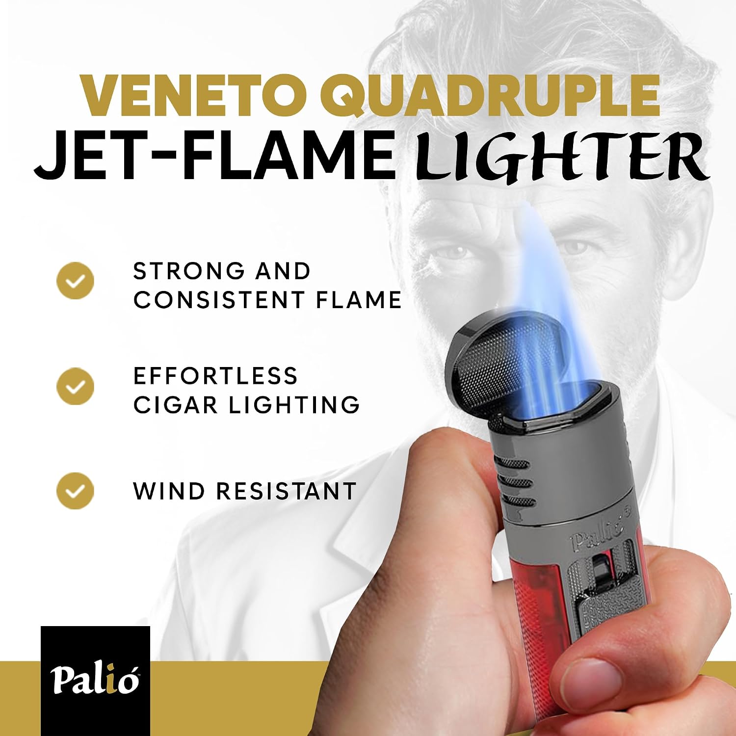 Palió Veneto Quadruple Jet Flame Butane Torch Lighter, Red| High Capacity Tank, Adjustable Flame, Ergonomic Design with Integrated Lanyard Loop, Flip-Top Lid Doubles as Rest