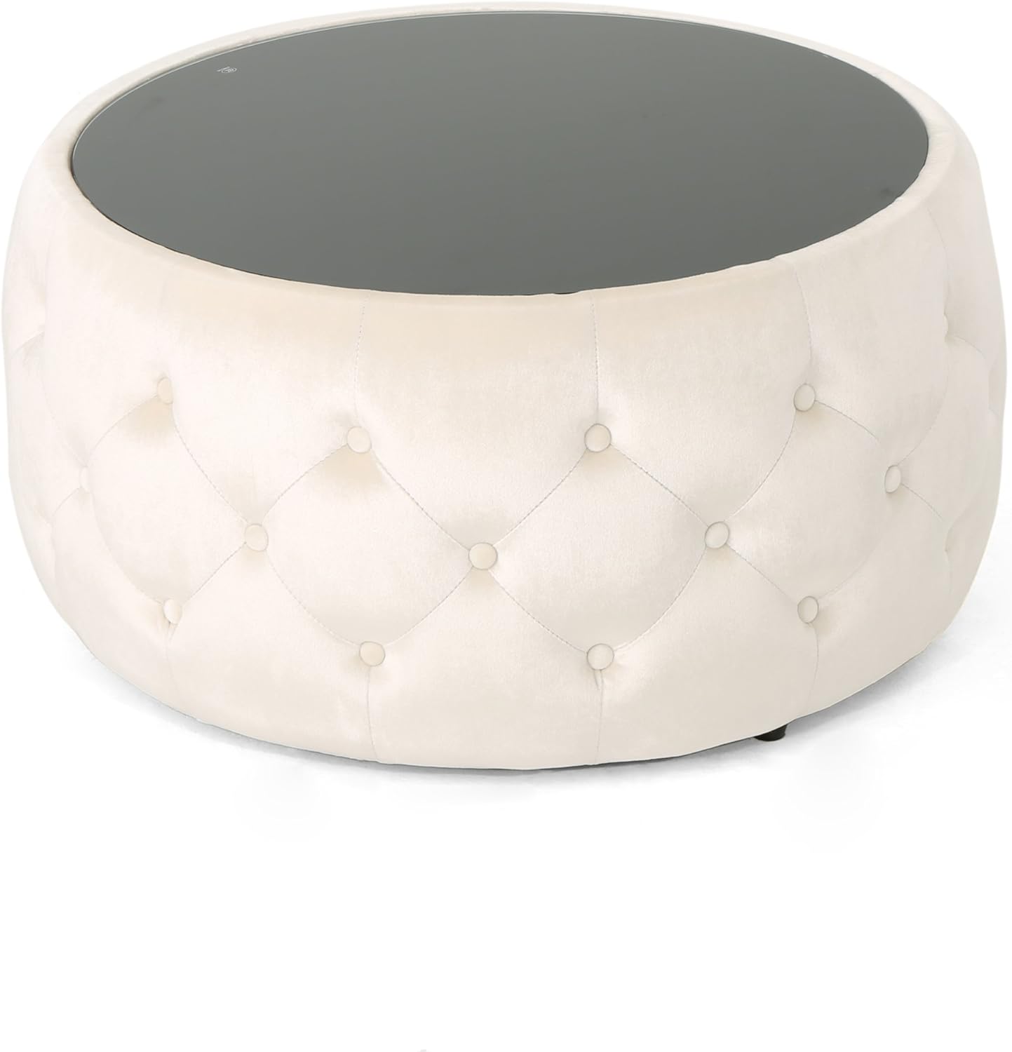 Christopher Knight Home Ivy Glam Velvet and Tempered Glass Coffee Table Ottoman, Beige, Black