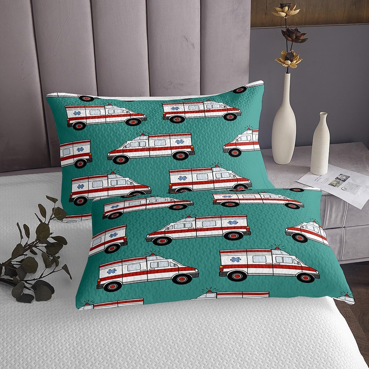 Ambulance Bed Sheet Set Kids Car Fitted Sheet Boys Girls Decor Cartoon Car Bedding Set Microfiber Emergency Responder Vehicles Green Bedspread Cover Bedroom Bedclothes Twin Size
