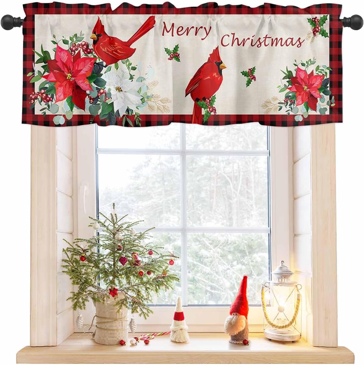 Red Cardinal Bird Christmas Kitchen Curtains - Poinsettia Flower Rod Pocket Tier Curtains Valance Set - 3 Piece Red Black Check Plaid - 54 in x 24 in