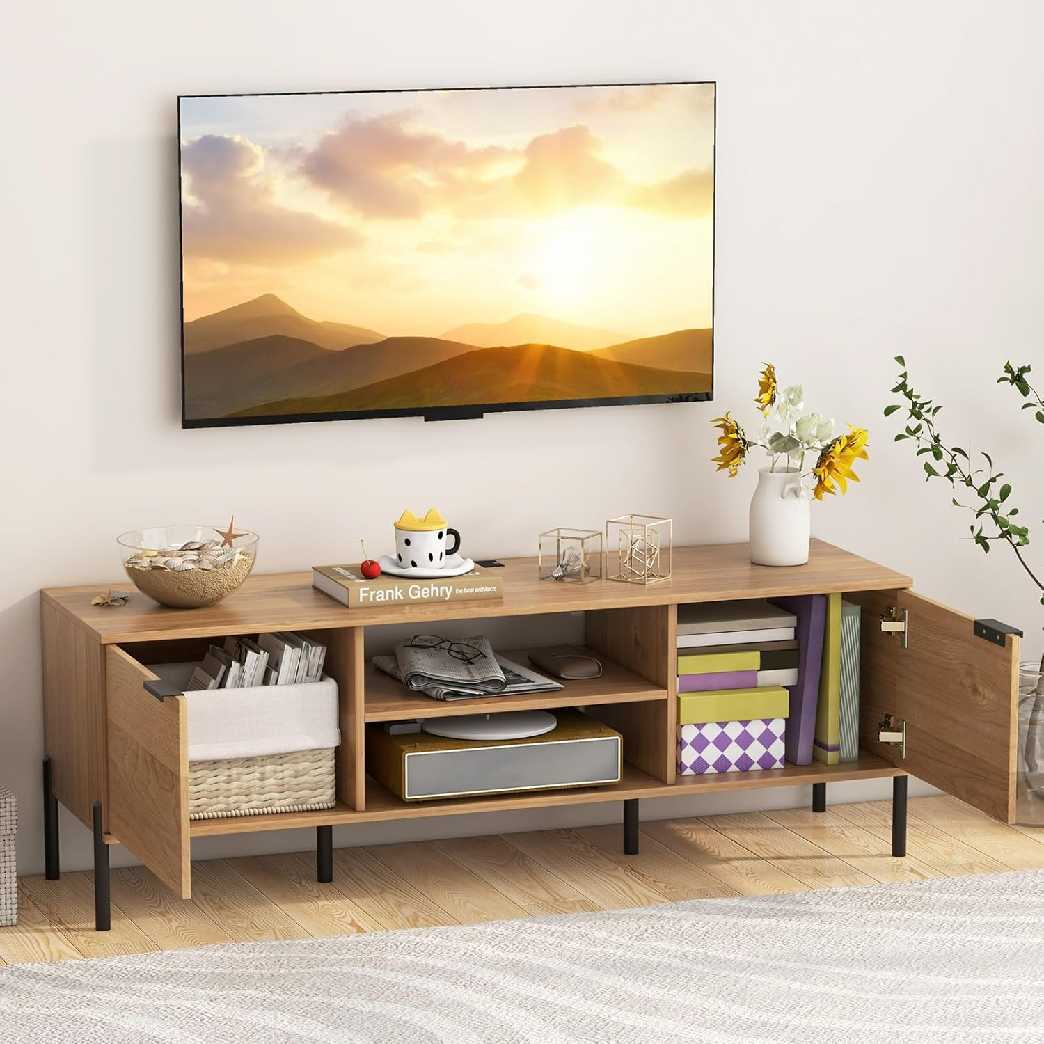 Tangkula 2-Door TV Stand with Charging Station for TVs up to 65”, Media Entertainment Center w/Open Shelves, 6 Metal Legs, 2 Cable Holes, USB & Type C Port, TV Console Table for Living Room (Natural)