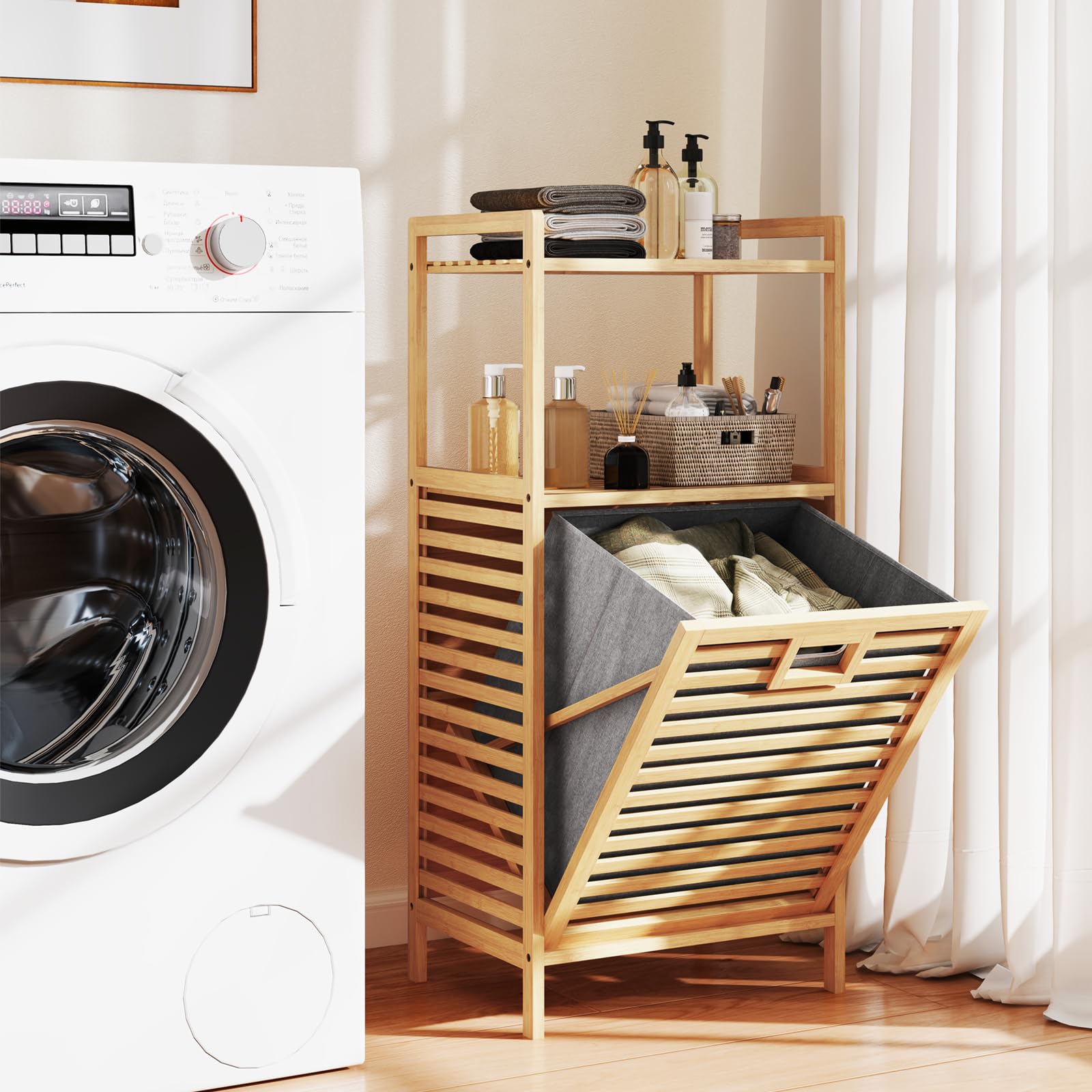 LIFEZEAL Cesto Portabiancheria a 1 Scomparto, Mobile Biancheria Sporca e Mobiletto Bagno, Lavanderia, con Sacco Rimovibile, Cesta Estraibile, Telaio in Bambù, Piano Portaoggetti, 43,5x33x96cm