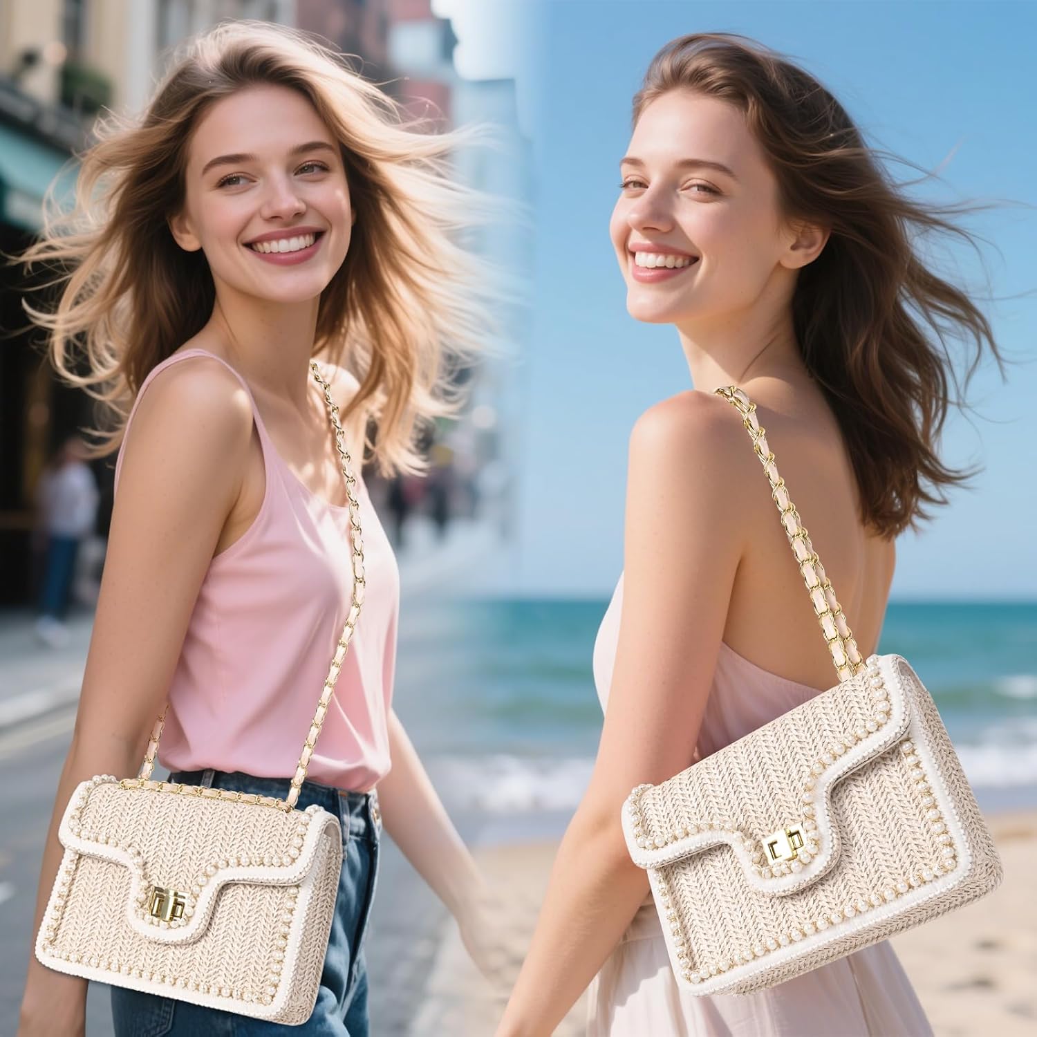 Straw Crossbody Bags for Women, Summer Fashion Straw Purses and Handbags Shoulder Raffia Clutch Bag with Pearls - Image 2