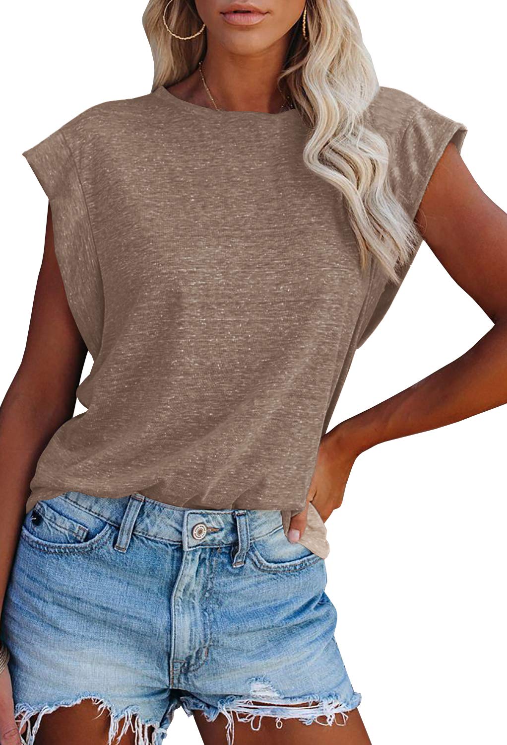 FISACEWomens Summer Crew Neck Cap Sleeve Tank Tops Casual Loose Fit Basic Shirts Blouses