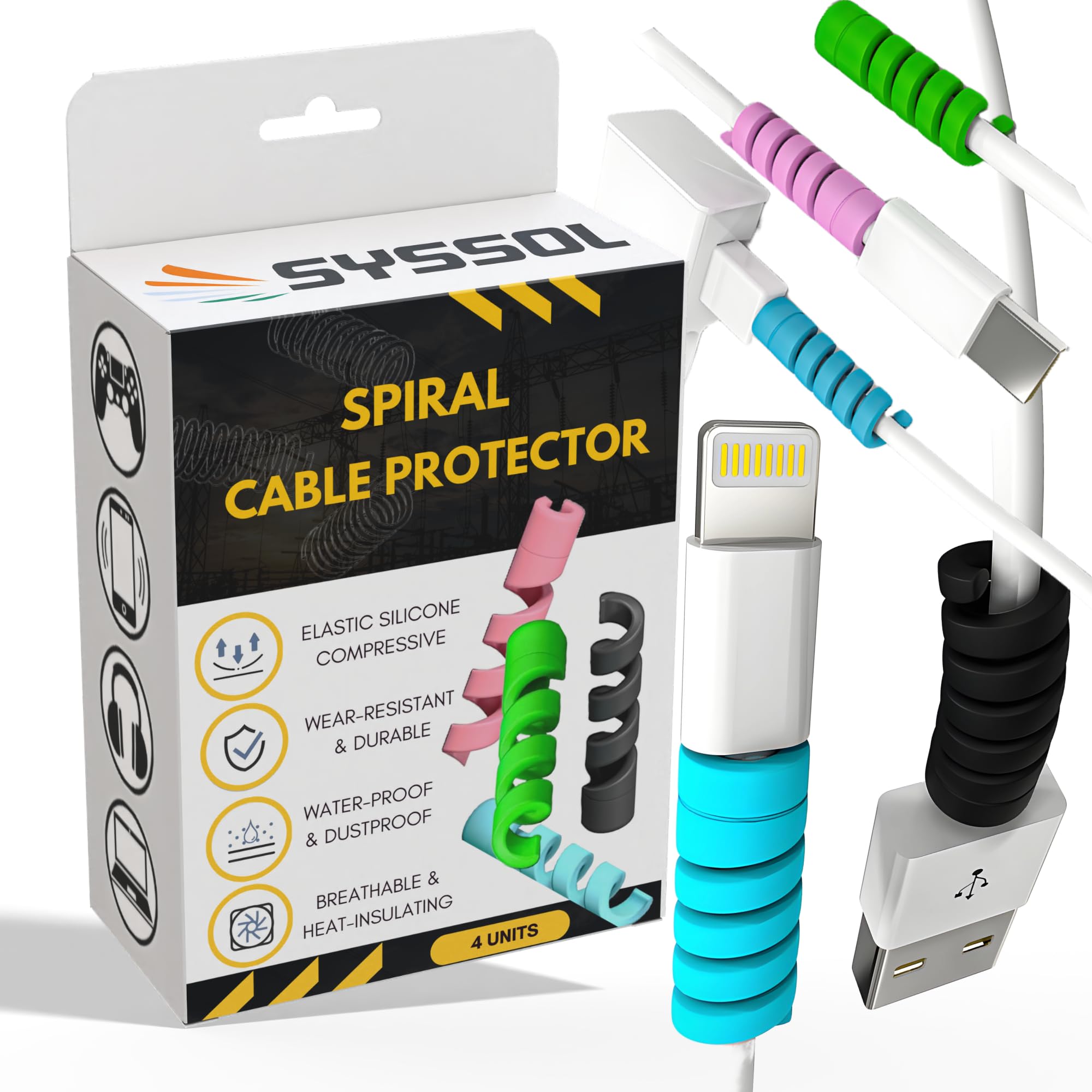 SYSSOL Spiral Cable Protector Kit – Flexible Silicone Shields for Data Cables Cords Chargers Earphones Extend Wire Life Universal Fit Protect Secure Save Your Devices (Multicolor) (3 Sets - 12 PCS) (B0DCSSY68F) Amazon Price History, Amazon Price Tracker