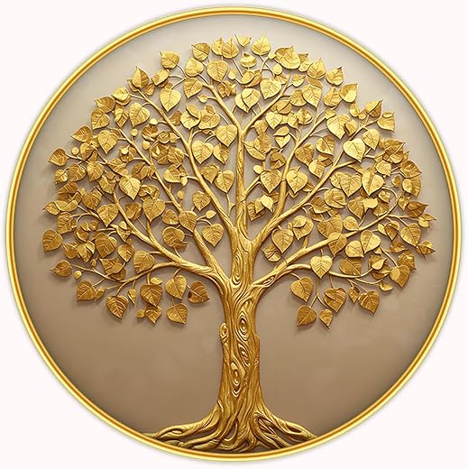 Dharvika Innovations Vastu kalpavriksha Money Golden Tree Photo Frame, Round, 12x12 Inch, Sparkle Laminated 52001