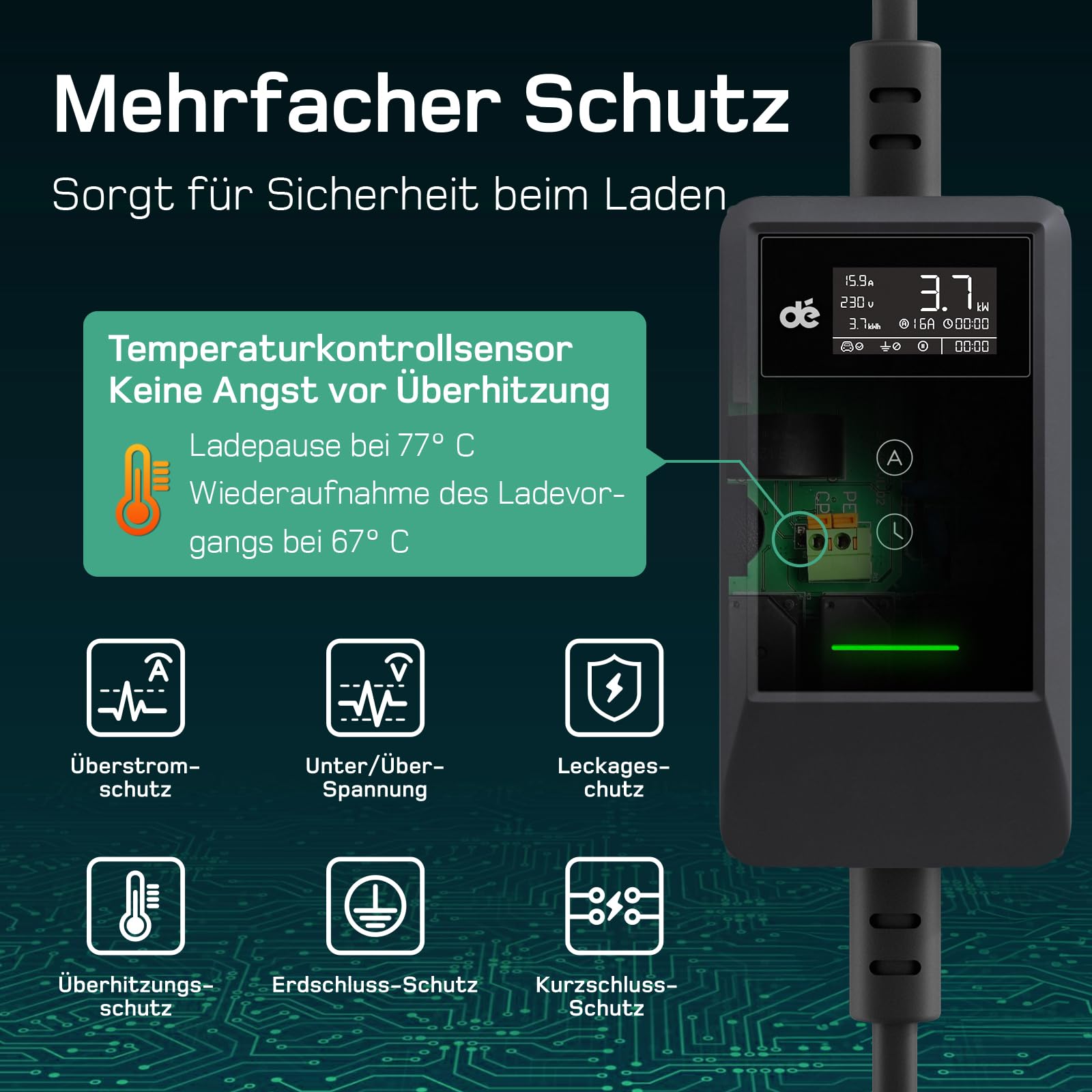 dé Typ 2 Ladekabel Schuko 3,7kW [6-16A, 1-phasig] Ladekabel Typ 2 Schuko mit Digitalem LCD - EV Charger 3,7kW für e Auto ID.3/4/5/7, Model Y/3, ENYAQ und Anderen PHEV/EV, 6,5m Schwarz