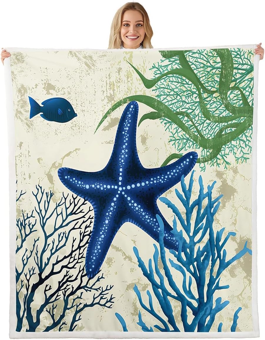 Starfish Beach Fleece Throw Blanket 40"x50" Kids Coastal Beach Ocean Plush Blanket for Bed Sofa Couch Coral Teal Blue Sherpa Blanket Breathable Ocean Marine Blue Green Fuzzy Blanket Room Decor