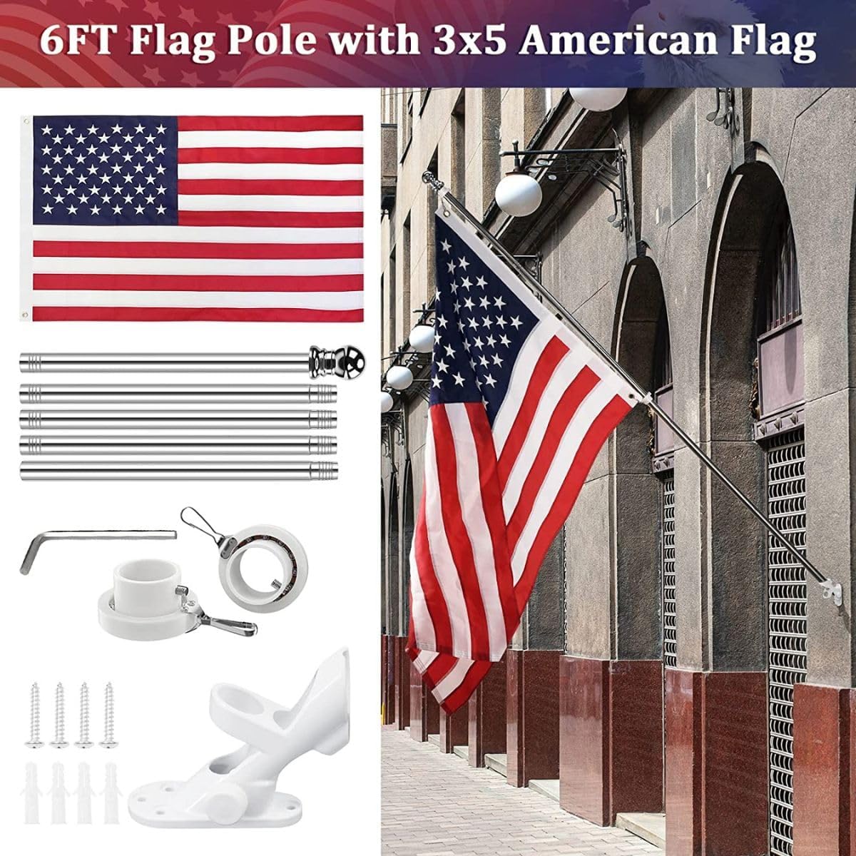 Super Tough 6ft 5-Piece Aluminium Residential Spinner Flagpole Kit with Flagpole Holder and Rings | Ideal for 2ft by 3ft, 3ft by 5ft, and 4ft by 6ft Nylon Flags | with Mounting Accessories | Silver