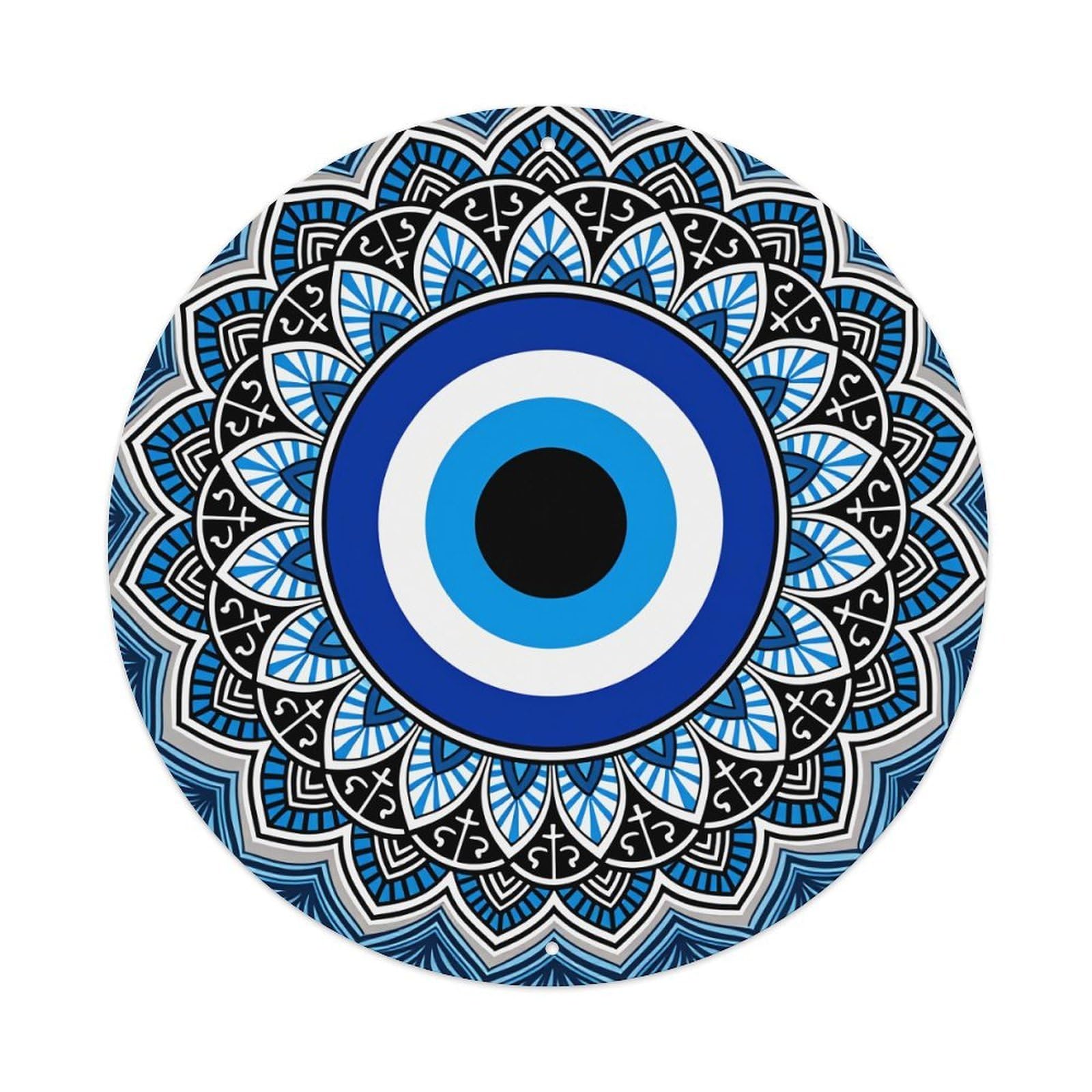 Blue Eye Mandala Pattern With Geometric Design Round Vintage Tin Sign,Retro Wall Art,Metal Poster for Home, Bar, Garage, Cafe, Rustic Indoor & Outdoor Decor, 8x8 Inches