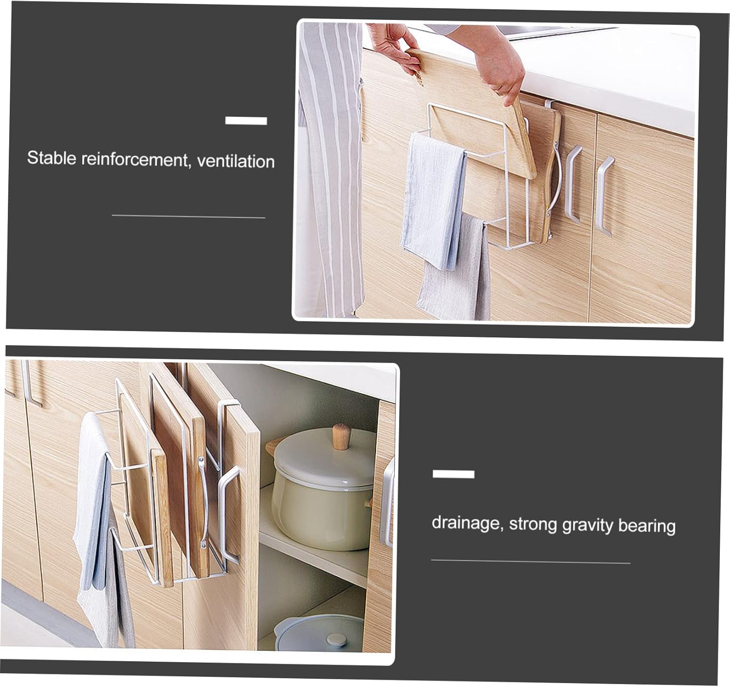 Mikinona 2pcs Wall-mounted Wrought Iron Double Layer Cutting Board Rack Punch Storage Organizer for Kitchen with Towel Bar White