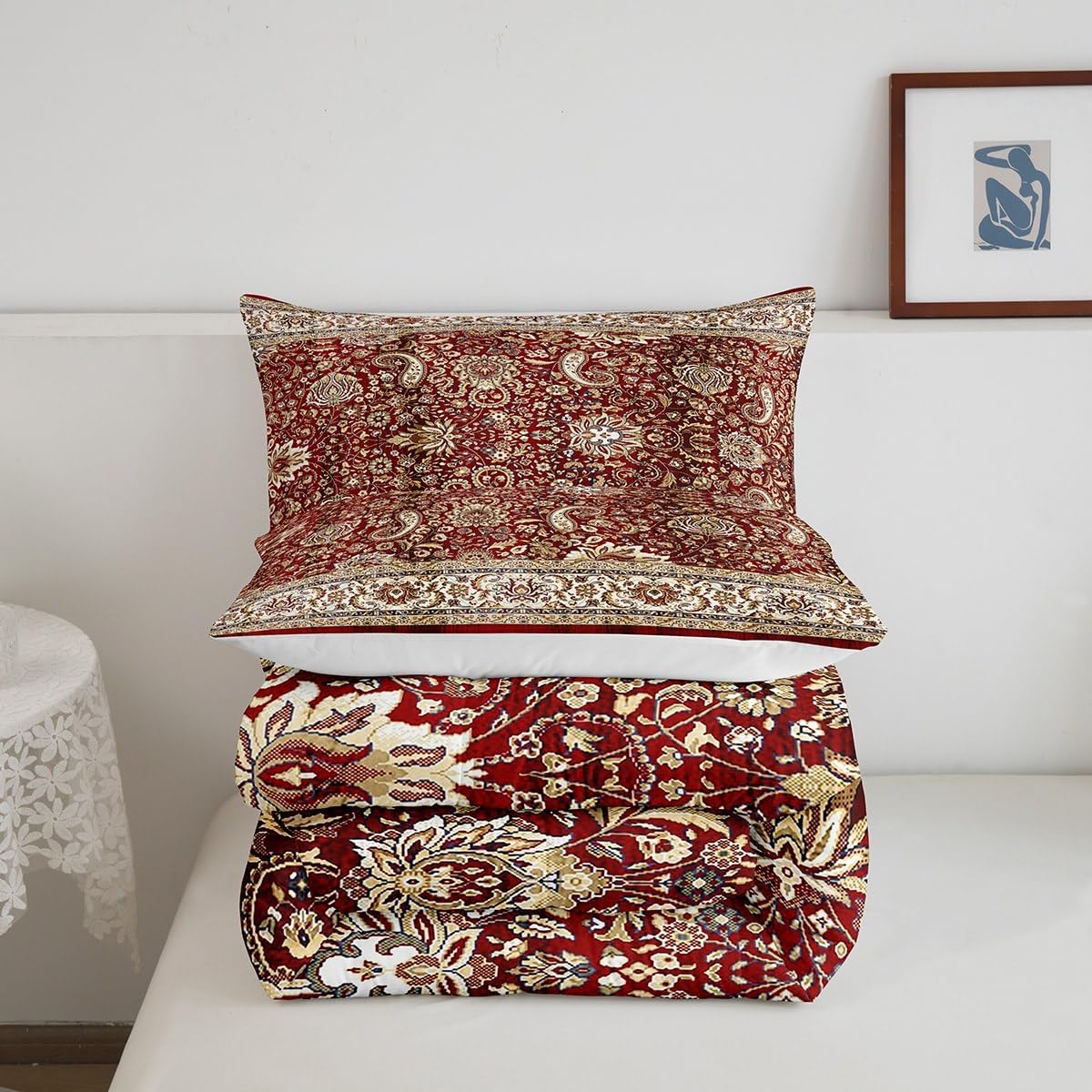 Erosebridal Paisley Comforter Set King, Red Yellow Floral Bedding Set for Men Women, Boho Flowers Exotic Tribal Retro Fashion Down Comforter Bohemian Damask Medallion Egyptian Quilted Duvet