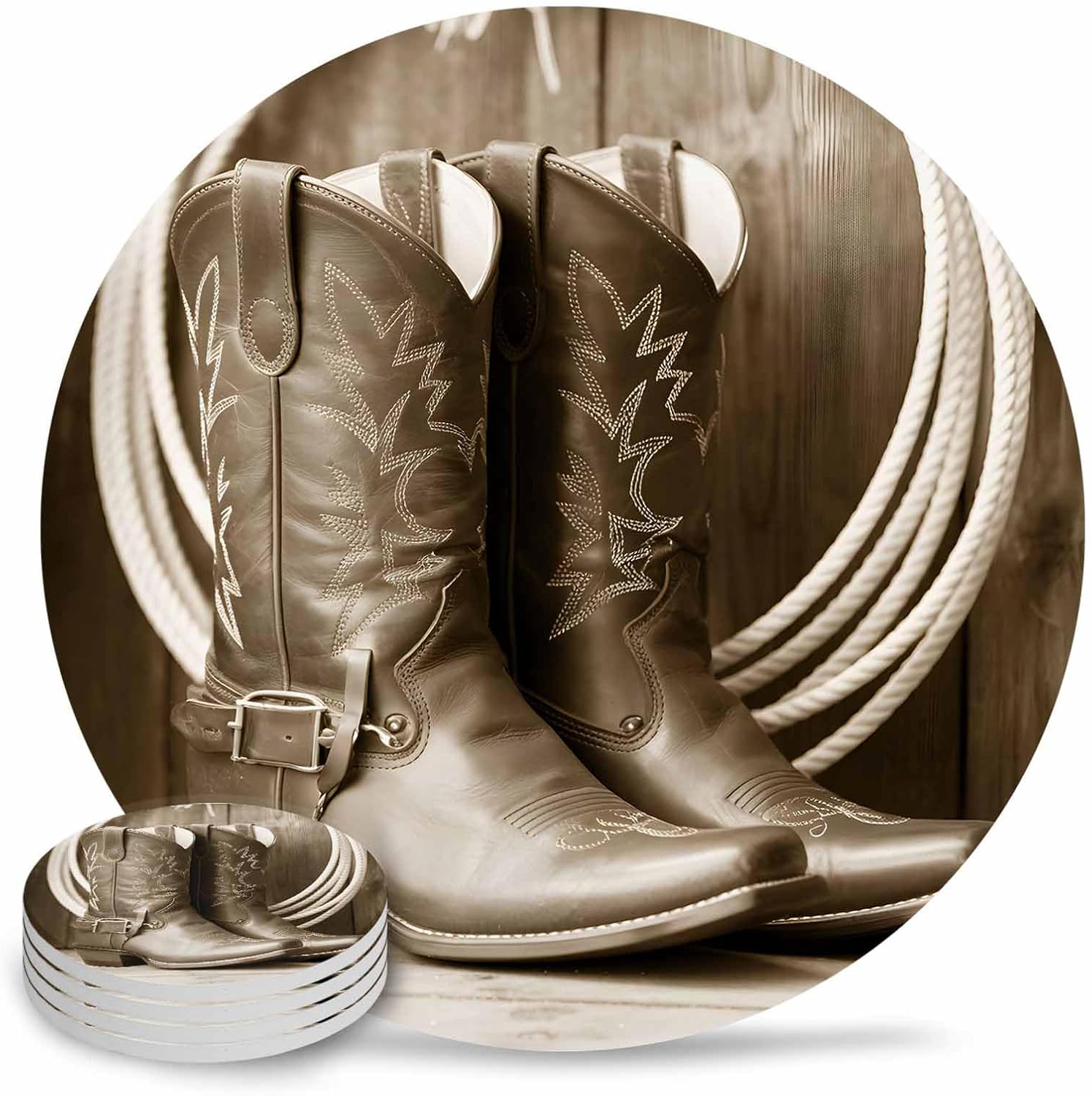 Western Cowboy Drink Coasters Set of 4, Absorbent Round Ceramic Coasters for Desk, Countryside Boots Retro Ropes Wooden Stripes Cup Mats for Home Kitchen Office Party Coffee Table Decoration Supplies