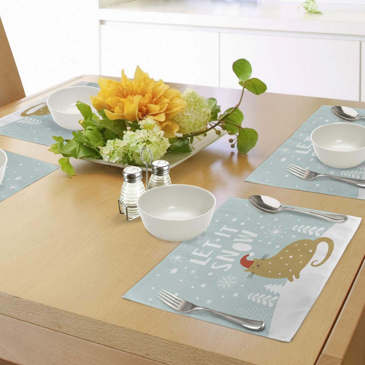 Lunarable Christmas Place Mats Set of 4, Let It Snow Words Kitty Cat Santa Claus Hat Cold Season Graphic, Washable Fabric Placemats for Dining Table, Standard Size, Seafoam Sand Brown White