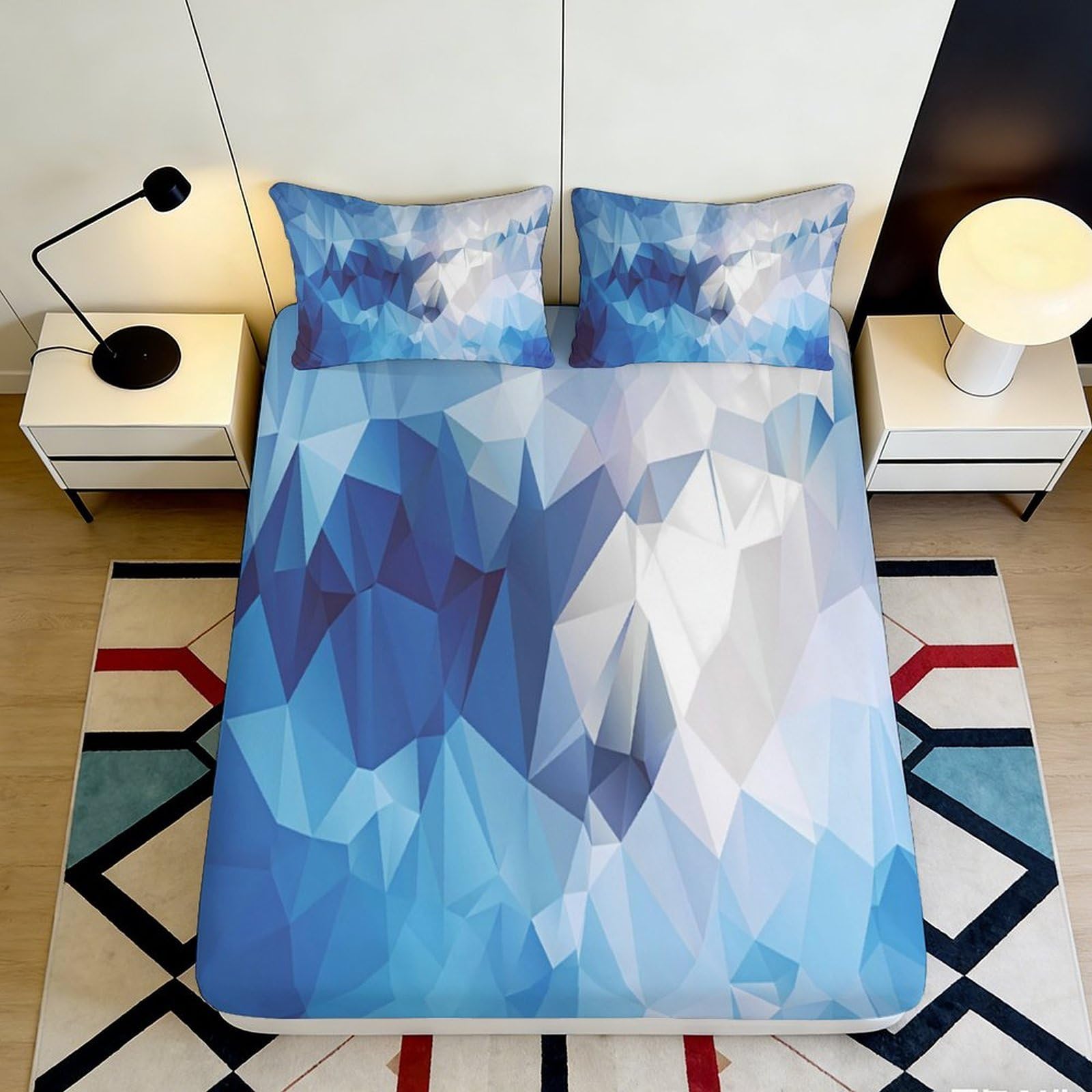 3D Printed Geometric Ice Blue Fitted Sheet Microfiber Soft Breathable Abstract Mountain Bed Cover for Bedroom Dorm Mattress Protection Decor 90x200x25cm