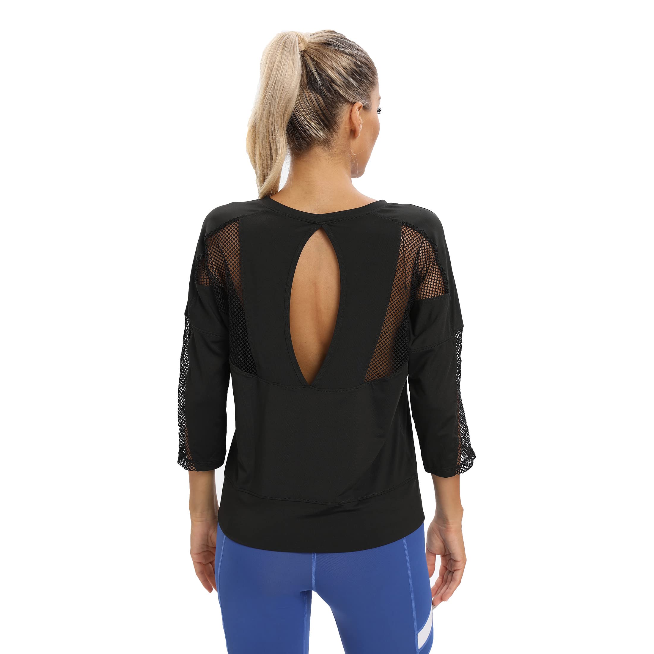 YUDESENWorkout Shirts for Women,Womens Mesh Athletic Shirt Yoga Gym Tops Sportwear 3/4 Sleeve Workout Tops for Women