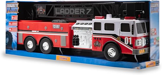 Mighty Fleet Titans 29 Jumbo Toy Fire Truck - Realistic Flashing Lights, Siren Sounds, Expandable Swivel Ladder - Durable Interactive Vehicle Toy for Kids Ages 3+