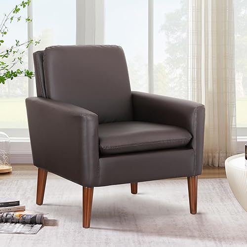 Lohoms Faux Leather Accent Chair Upholstered Living Room Arm Chair Comfortable Reading Sofa Chairs for Bedrooms Dorm Room Office Waiting Room Furniture Chair- Brown