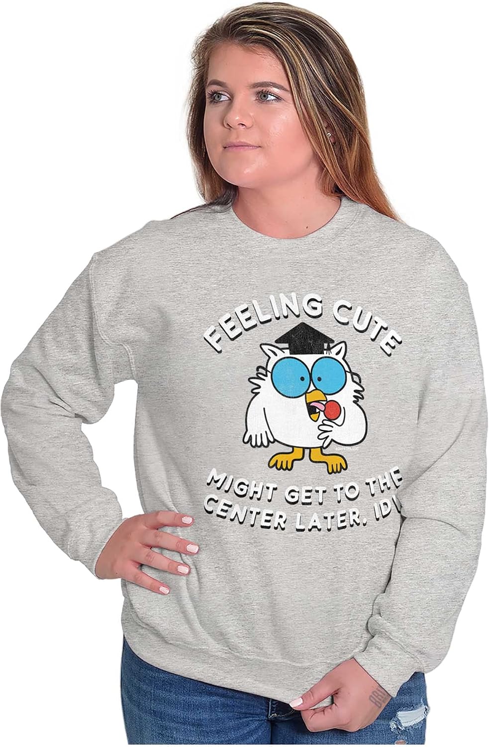 Brisco Brands Feeling Cute IDK Meme Mr. Owl Funny Women Crewneck Sweatshirt