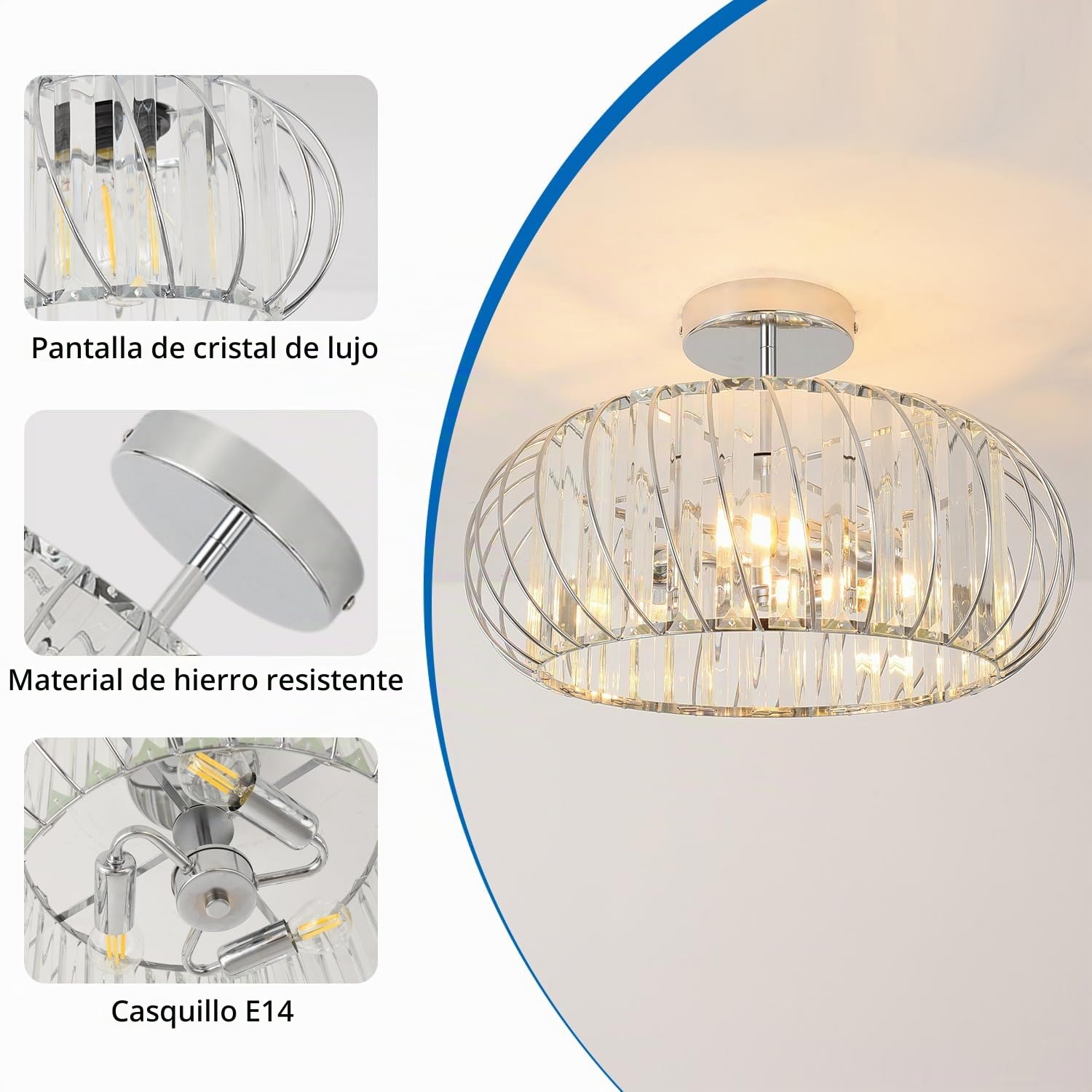 ANWIO Lámpara de Techo de Cristal, Lampara Salon Techo Cristal con 3 E14 Base, Lámpara Colgante Moderna Plateado, Lampara Techo Crystal con Dormitorio, Cocina, Comedor(40CM, Sin Bombilla)