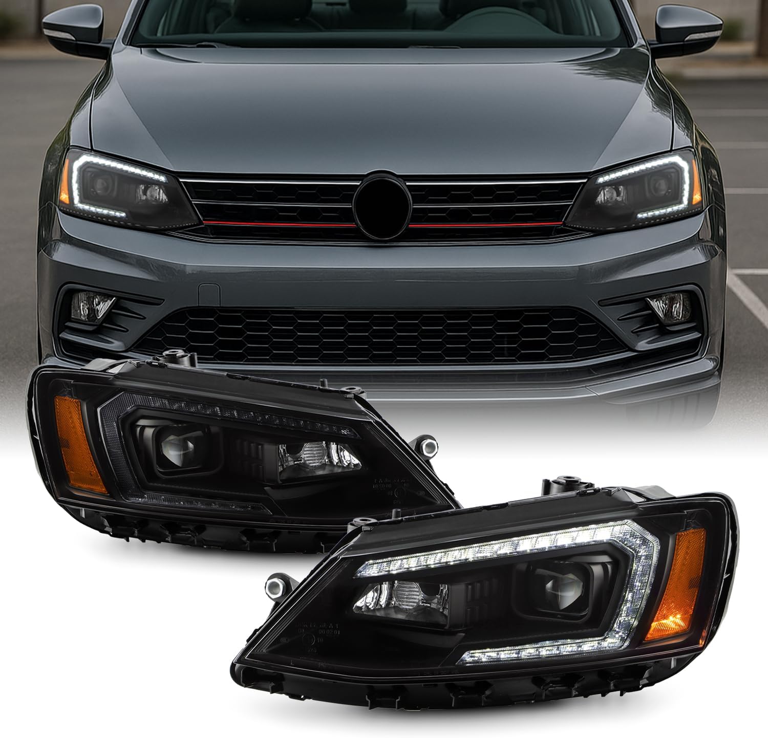 AKKON - Fit 2011-2018 Volkswagen Jetta 4D 11-18 Halogen Type Projector Headlights w/LED Bar Black Housing Driver - Passenger Side Assembly