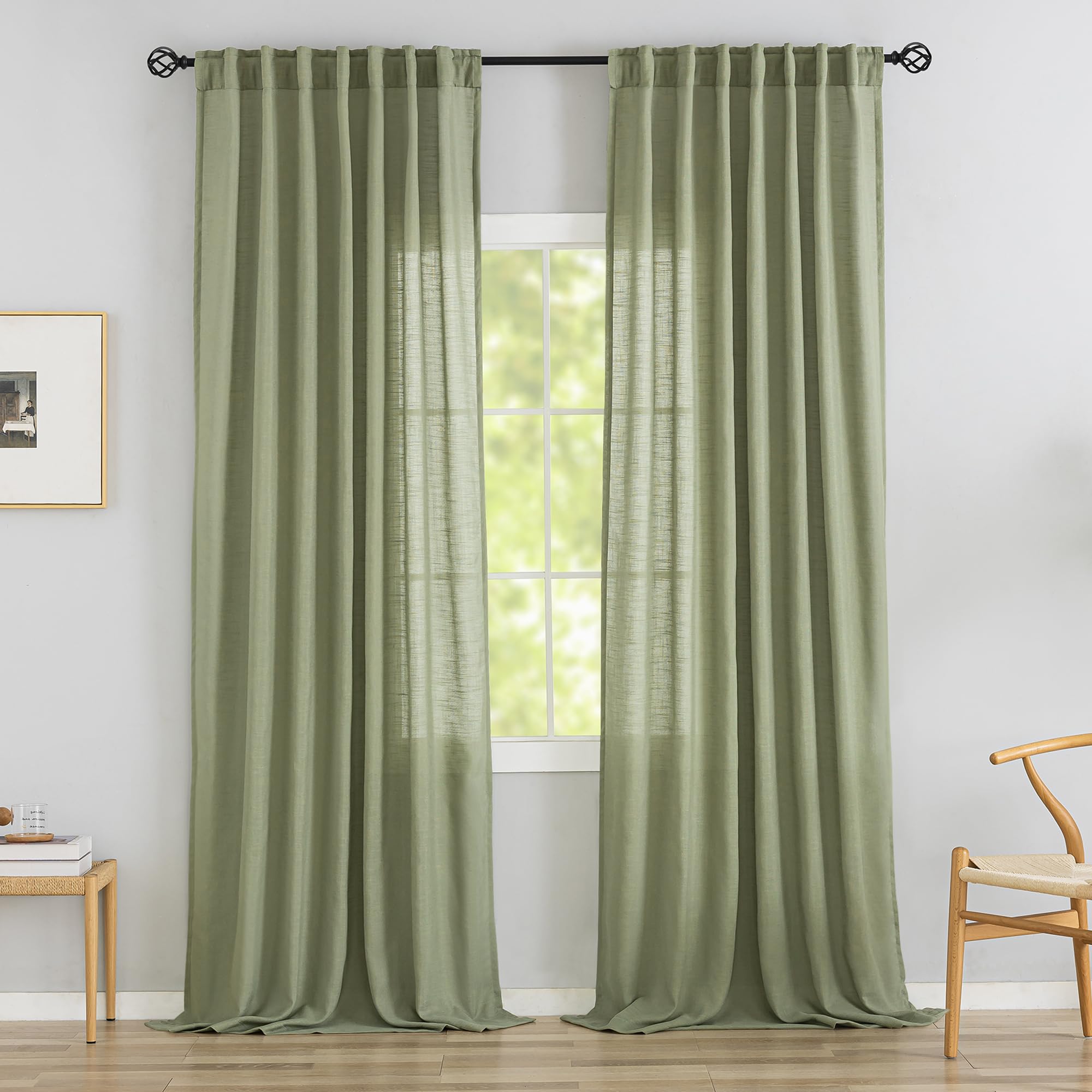 DONREN Sage Green Linen Back Tab Curtains 108 Inches Long Ceiling to Floor for Large Windows - 2 Panels Set Hooks Belt Pinch Pleated Easy Sliding