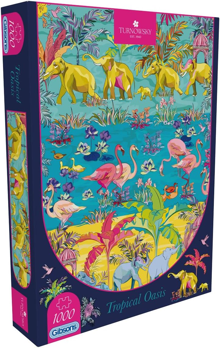 Gibsons HoT Tropical Oasis 1000 Piece Jigsaw Puzzle for Adults – Wildlife Elephants, Flamingoes, and Landscape Fantasy Artwork by House of Turnowsky – Premium Sustainable Puzzle Made in America