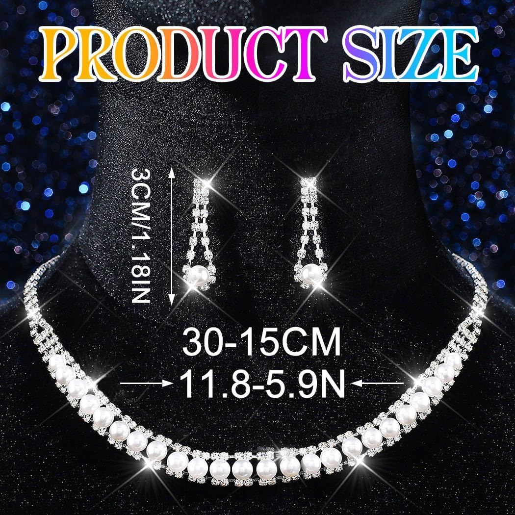 Aukmla Bridal Wedding Jewelry Set Silver Sparkly Pearl Choker Necklace Earrings Sets Rhinestone Prom Jewelry for Women and Brides - Image 5