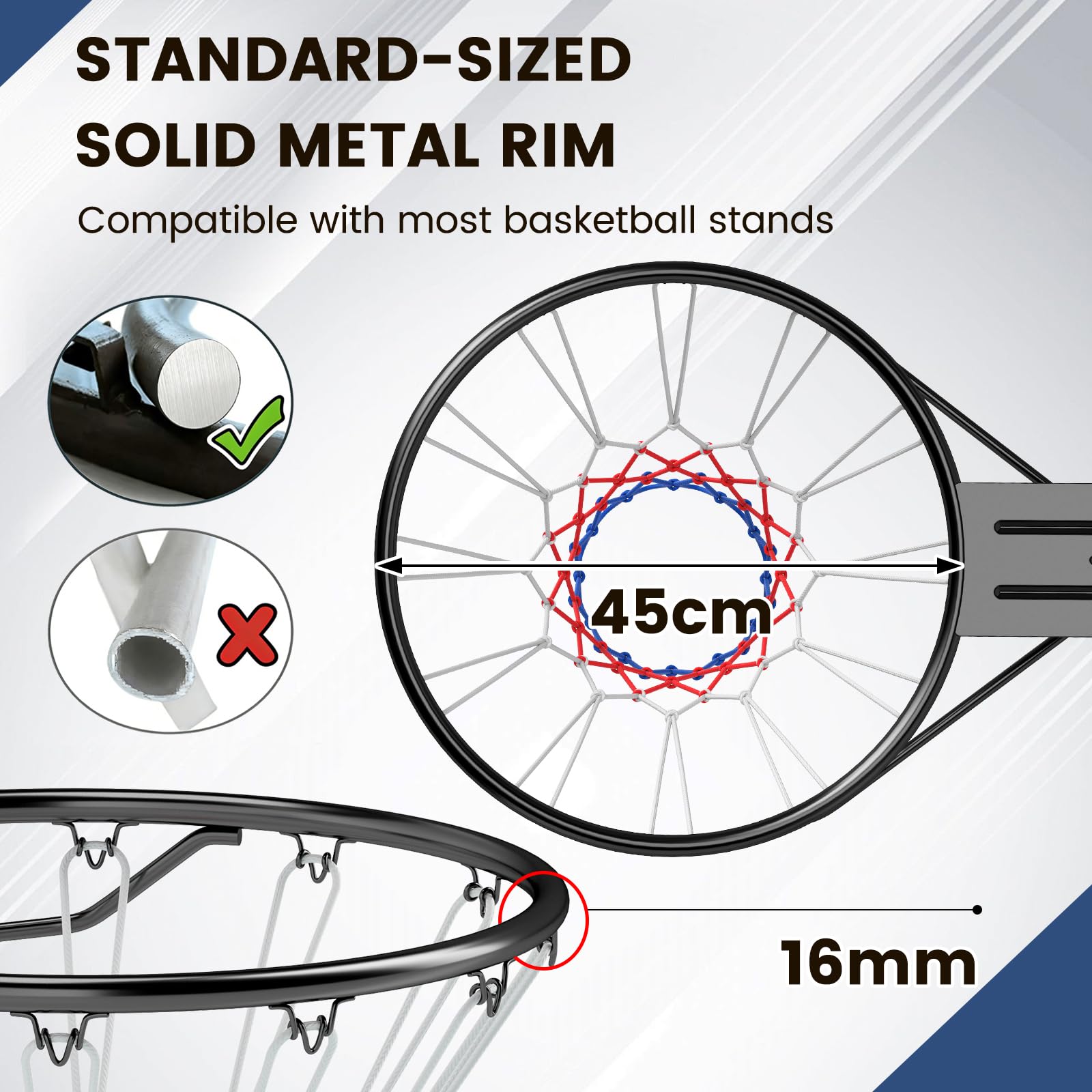 LIFEZEAL Canestro da basket da parete Ø 45 cm, solido anello da basket con supporto a parete e rete, pneumatici da basket in metallo per interni ed esterni
