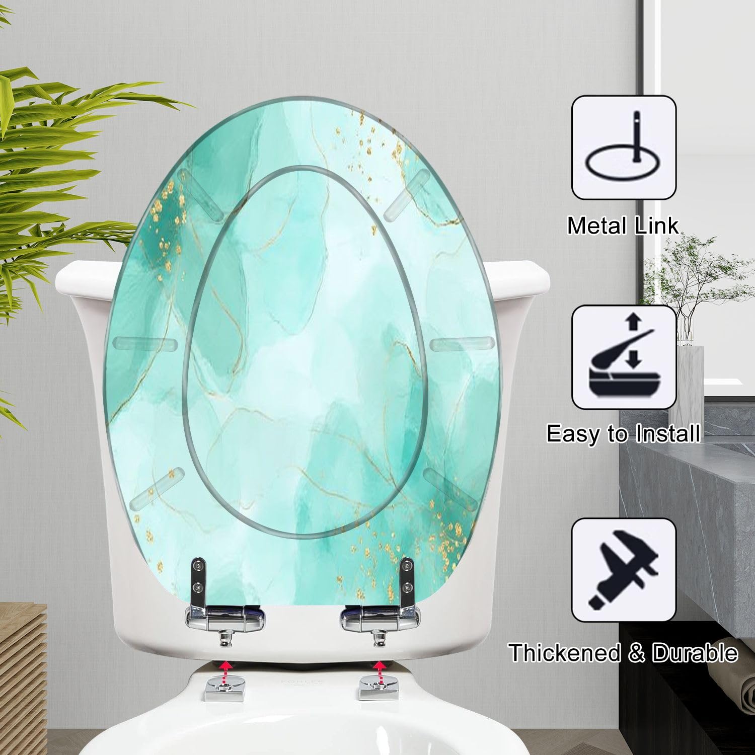 Länglicher WC-Sitz mit Absenkautomatik, Türkis-Mint, Aquarell-Marmor-Gold-Optik, Pinsel-Beize, Harz, Schnellverschluss-Scharniere, leicht zu reinigende Puffer, Montage