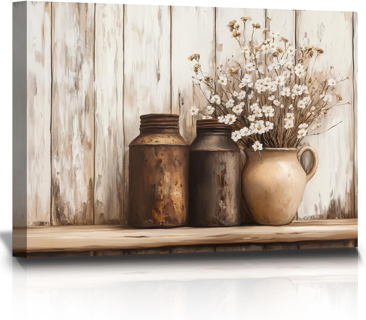 Craftline Vintage Still Life Canvas Art, Farmhouse Wall Prints Rustic Metal Canisters Pot with White Wildflowers Pictures, Wood Background, Country Kitchen Wall Decor for Cozy Dining Nook 40x28”