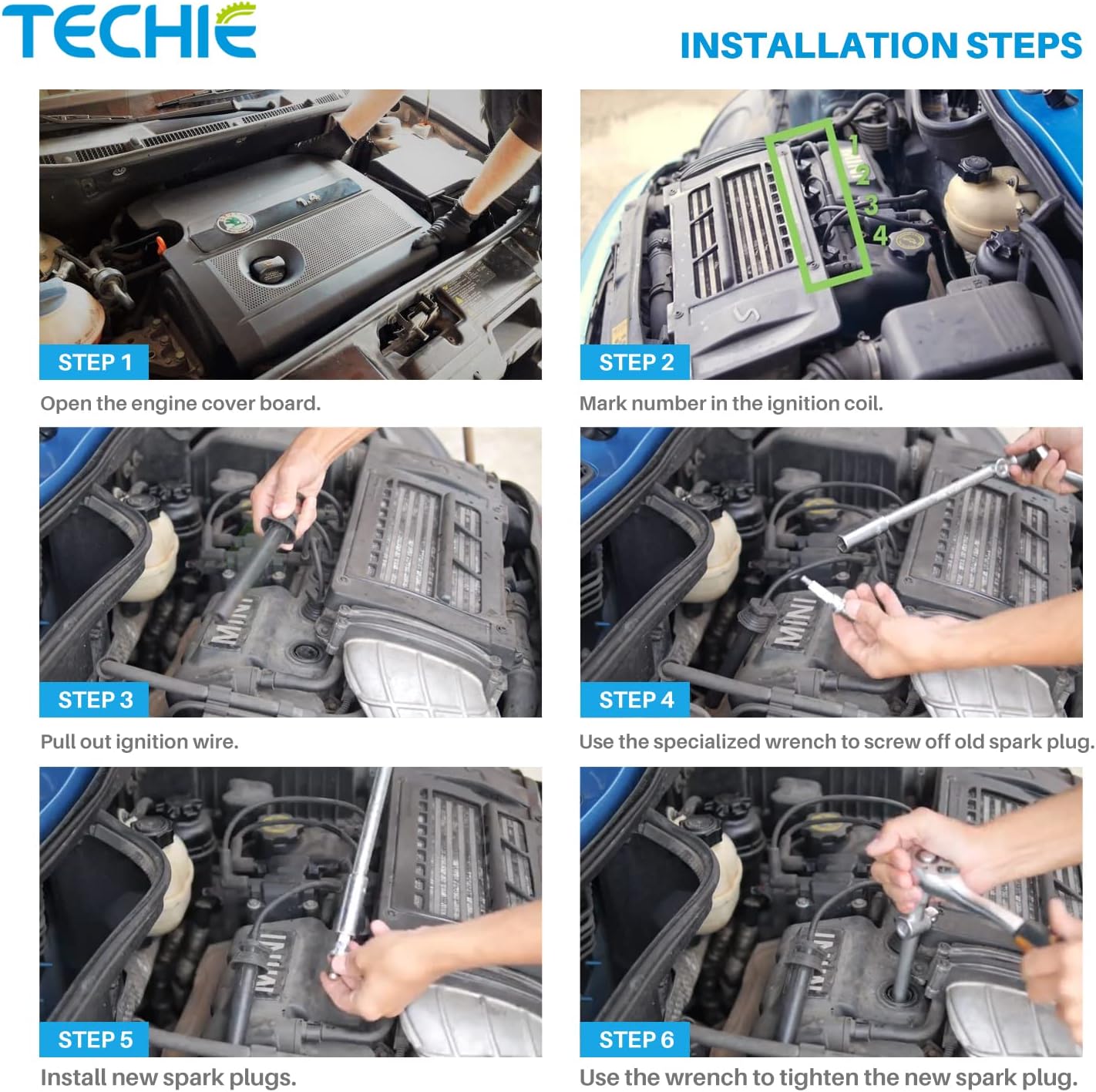 TECHIE 4PCS E8RC-10 Spark Plug Replace for NGK BR8HS-10(1134) Marine, Motorcycle Spark Plug,for DENSO TR24-10,for Yamaha 94702-00247,for MERCURY 33-824406 8, for SUZUKI 09482-00370 (4)