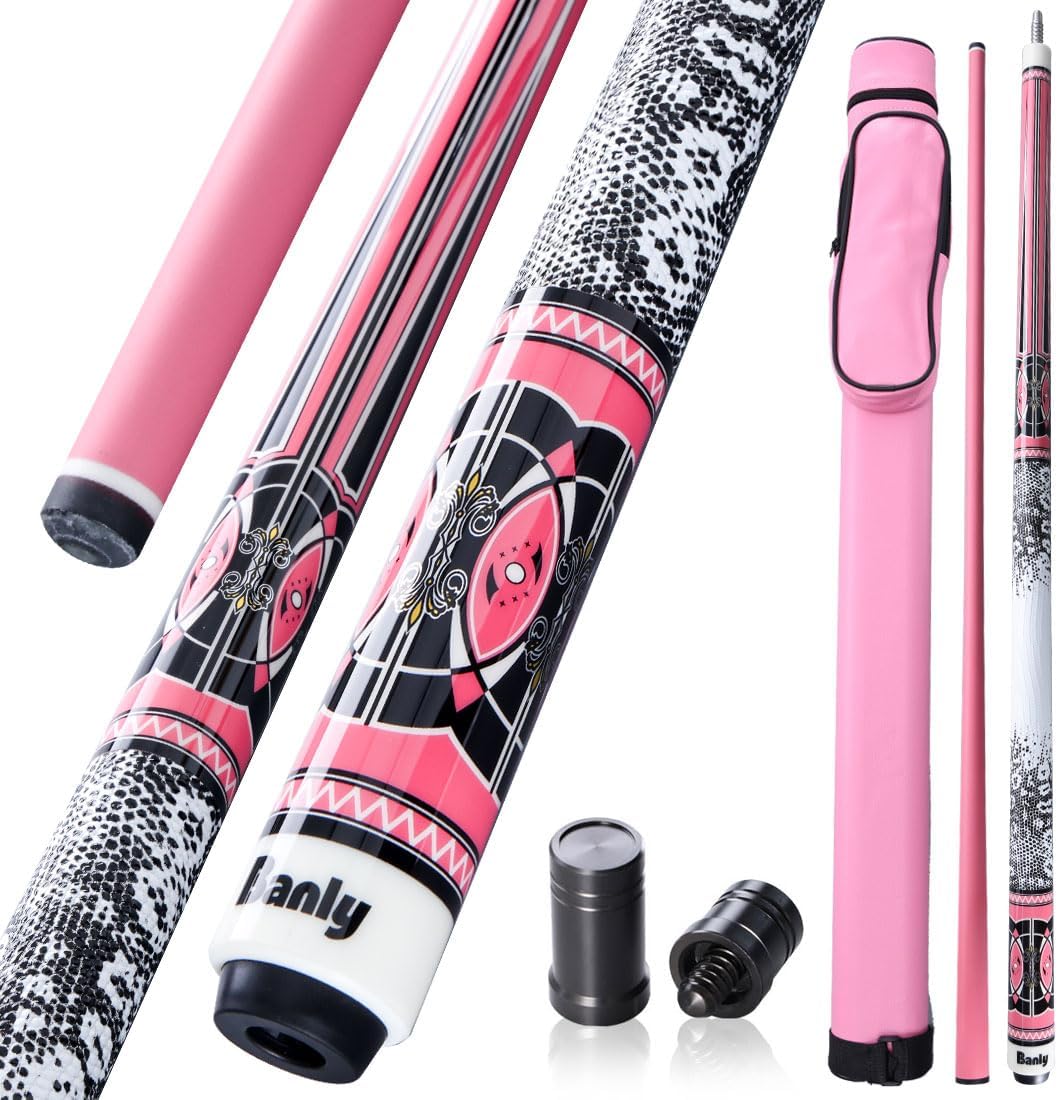 Banly Pink Carbon Fiber Pool Cue Stick with Case, 58 Inch Professional Billiard Cue for Adults, 12.5mm 8-Layer Pigskin Tip, 3/8×8 Joint, Low Deflection Carbon Fiber Shaft