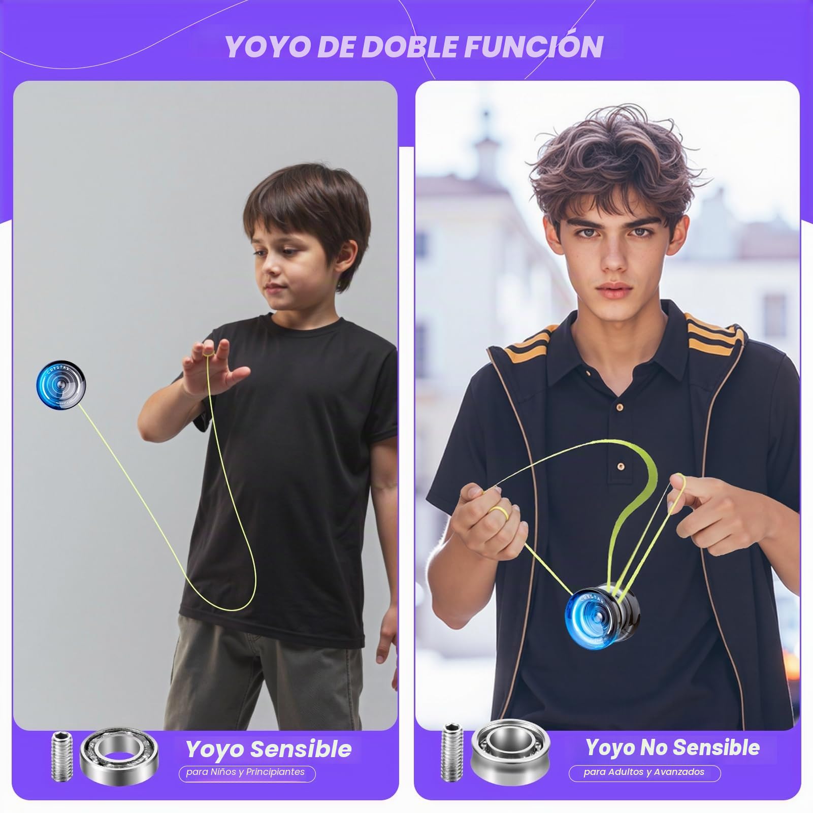 MAGICYOYO Yoyo Sensible para Niños K2 Cristal Negro Azul, 2 en 1 - Yoyo Sensible y No Sensible, Truco de Dedo Girar con Rodamiento No Sensible, 12 Cuerdas, Bolsa Yo-Yo, Herramienta y Accesorios