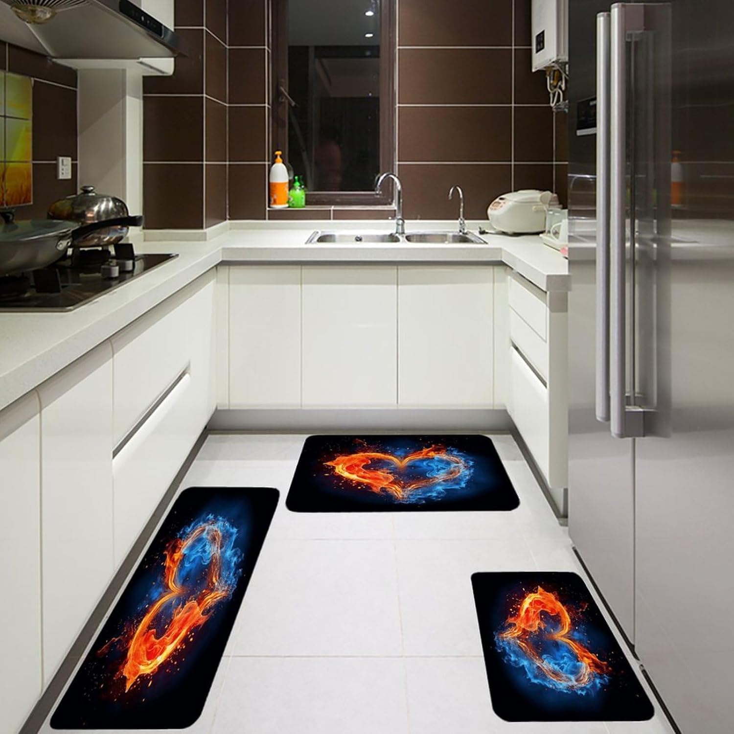 Fire and Water Heart Kitchen Rugs Sets of 3 Washable Non Slip Kitchen Rug Water Resistant Carpet Piece Anti Fatigue Kitchen Mats Soft Comfort Standing Mat Modern Area Rug