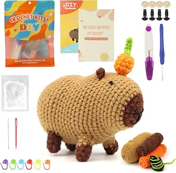 ROYUEXT Crochet Kits for Beginners Kids DIY Knitting Kit for New Starter with Step-by-Step Video Tutorials, Cute Capybara Crochet Complete Set, Crochet Animal Kit for Adults Beginners Kids Brown