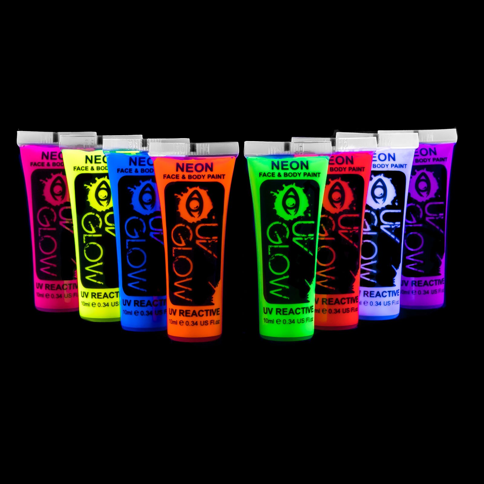24 x 10ml UV-Bodypaint Körpermalfarben Schwarzlicht fluoreszierende Schminke Bodypainting Neon Farben Leuchtfarben