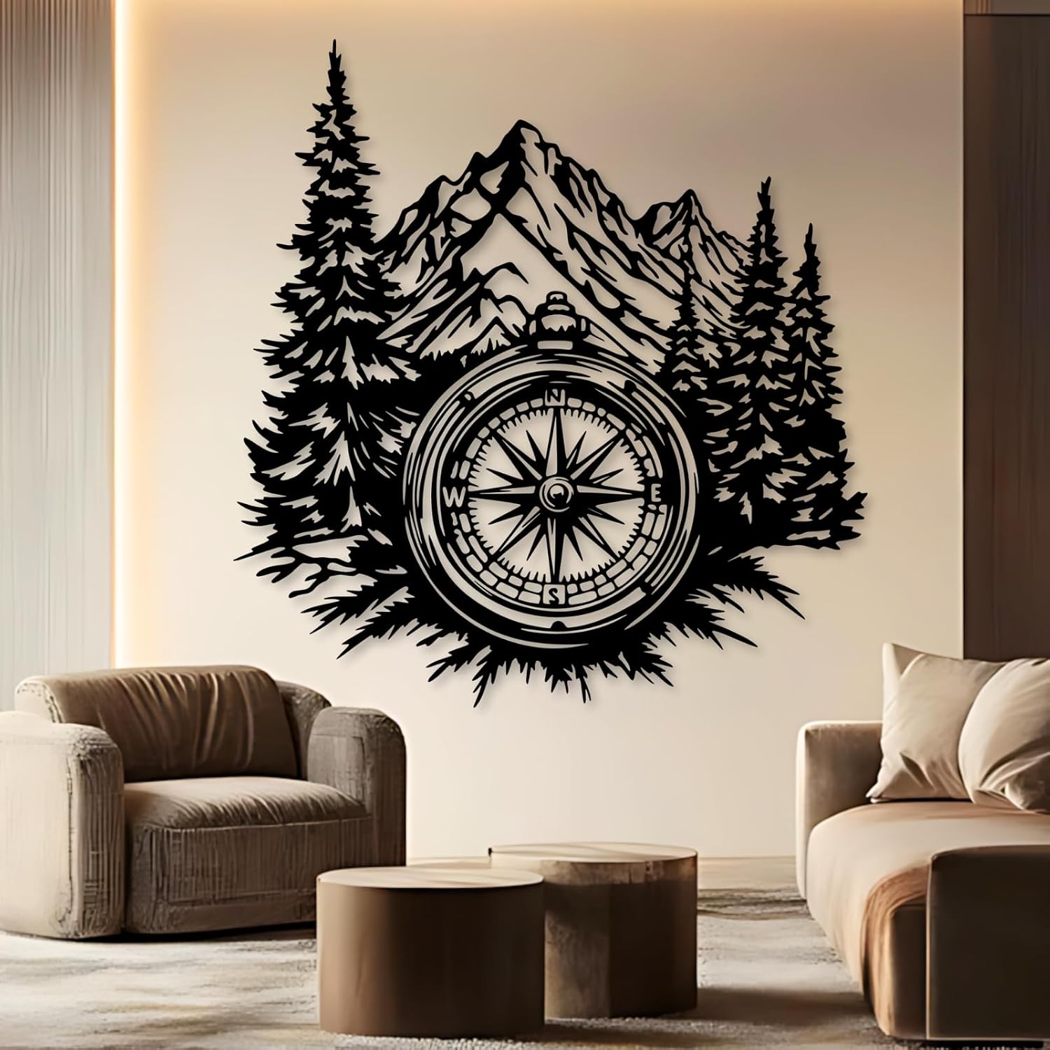 Maclou Metal Compass With Mountain Wall Art, Metal Compass Wall Decor, Mountain Wall Decor, Wall Art for Living Room, Bedroom, Bathroom (Black,35"x33" / 90x85cm)
