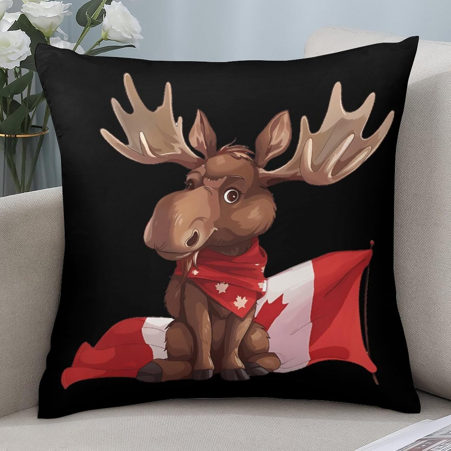 Cute Moose with Canada Flag Printed Throw Pillow Case 4 Pcs Soft Pillowcases Pillows Covers Sofa Bed Decor 12/14/16/17/18/20/22/24/32 Inches