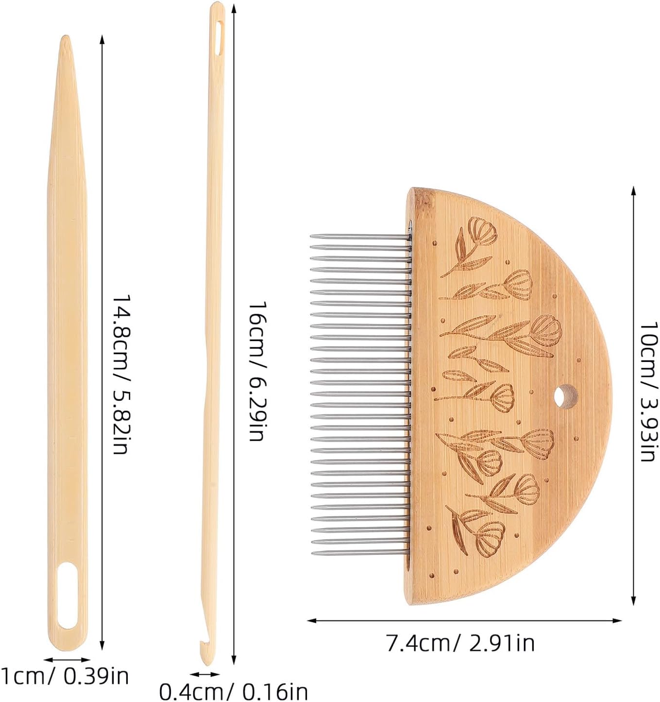 VILLFUL 3pcs Wooden Wide Tooth Comb and Afghan Crochet Hook Set, 29-Tooth Weaving Loom Comb with 14.5cm Large Eye Needle and 4mm Crochet Hook, Handcraft Weaving Tools for Yarn Punch Needle